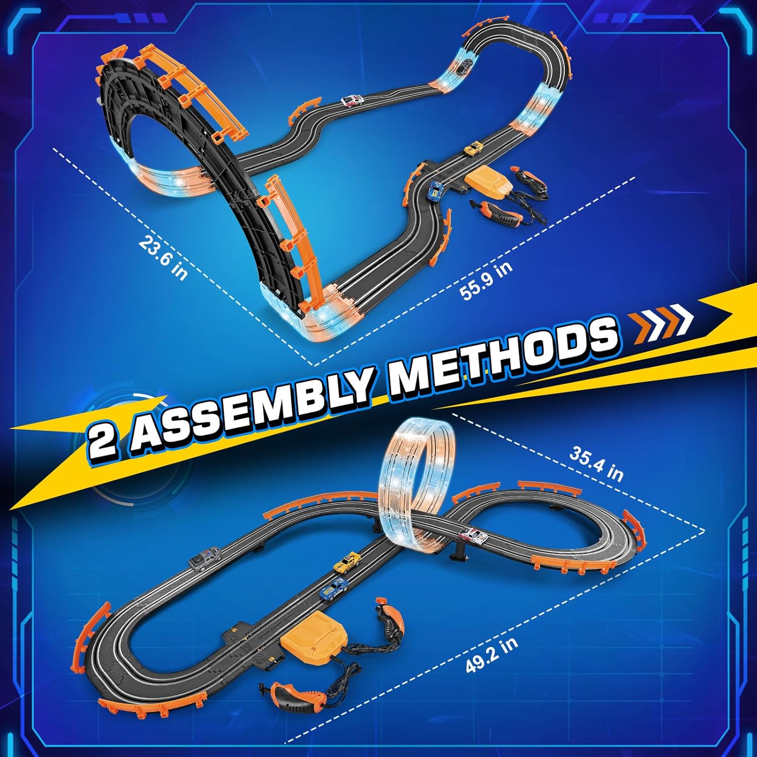 Slot Car Race Track Sets with 4 Slot Cars, Ideal Birthday Xmas Gifts Toys for Kids Boys Ages 6 7 8-12, Battery or Electric Race Car Track Set with Dual Racing Game, Flash Circular Track, Lap Counter