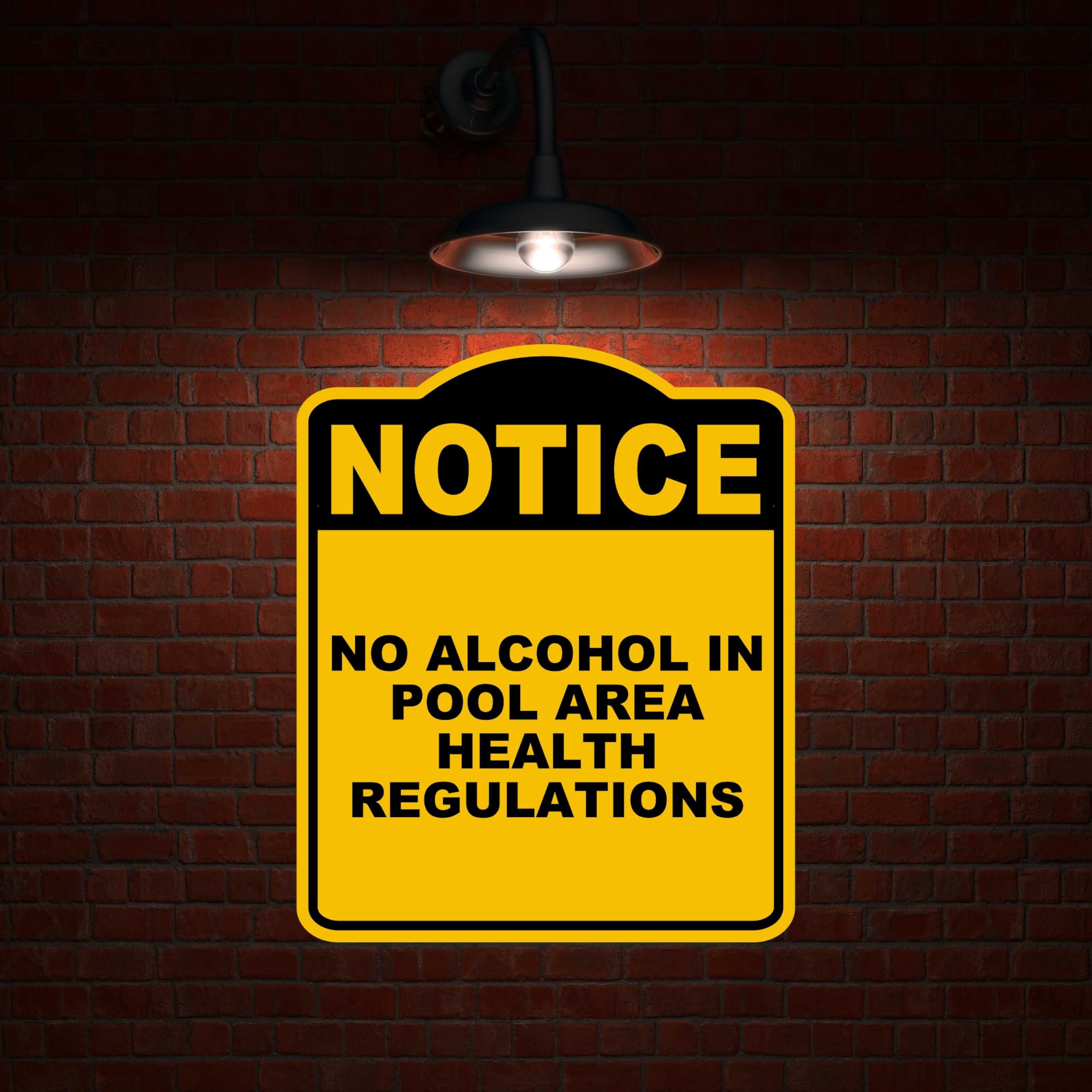 NO ALCOHOL IN POOL AREA HEALTH REGULATIONS Notice Yellow Black Aluminum Composite Sign 8.5 x 10 inches