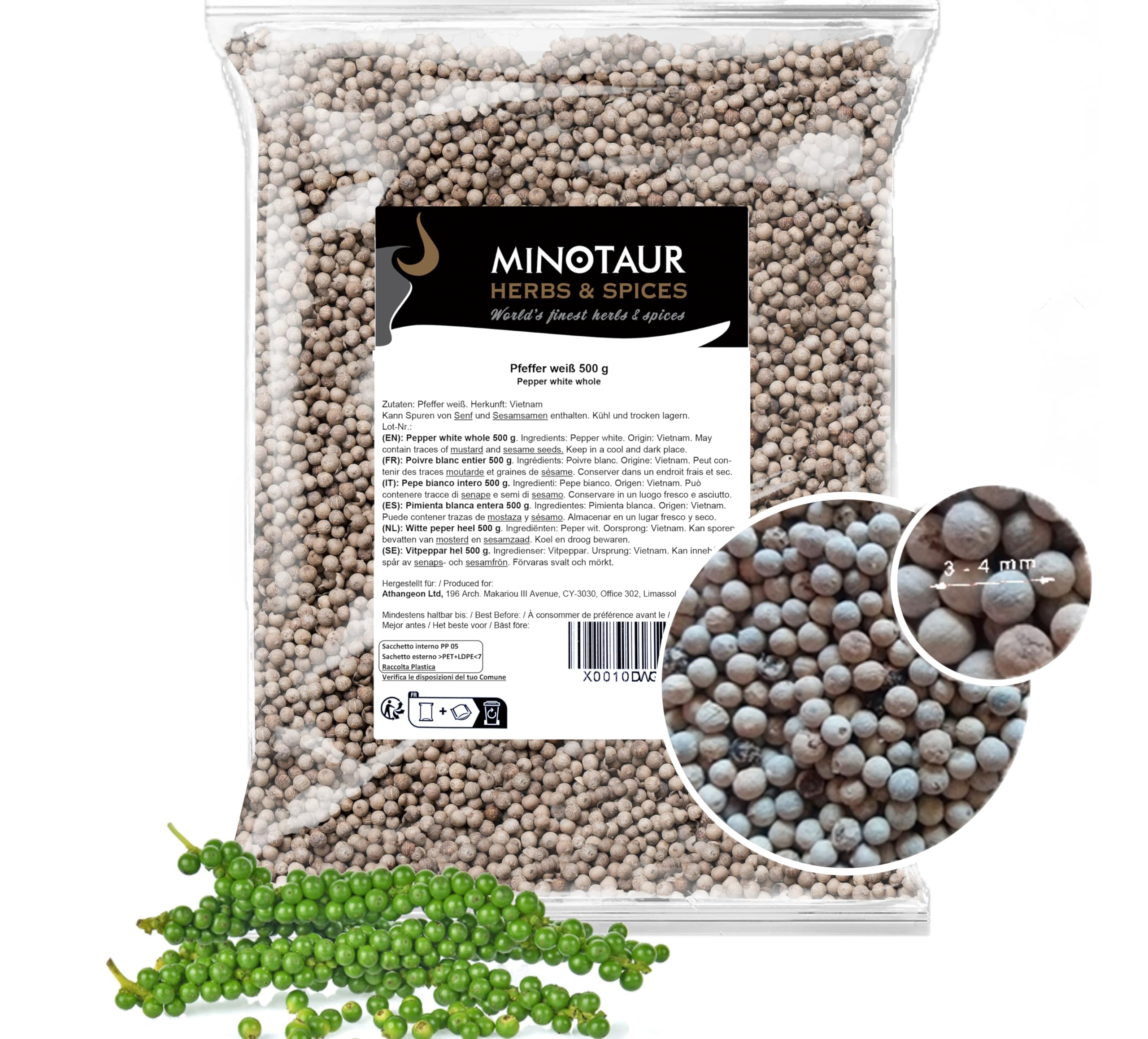 Minotaur Spices | Poivre blanc entier, Poivre blanc en grains, 2 x 500 g (1 Kg)