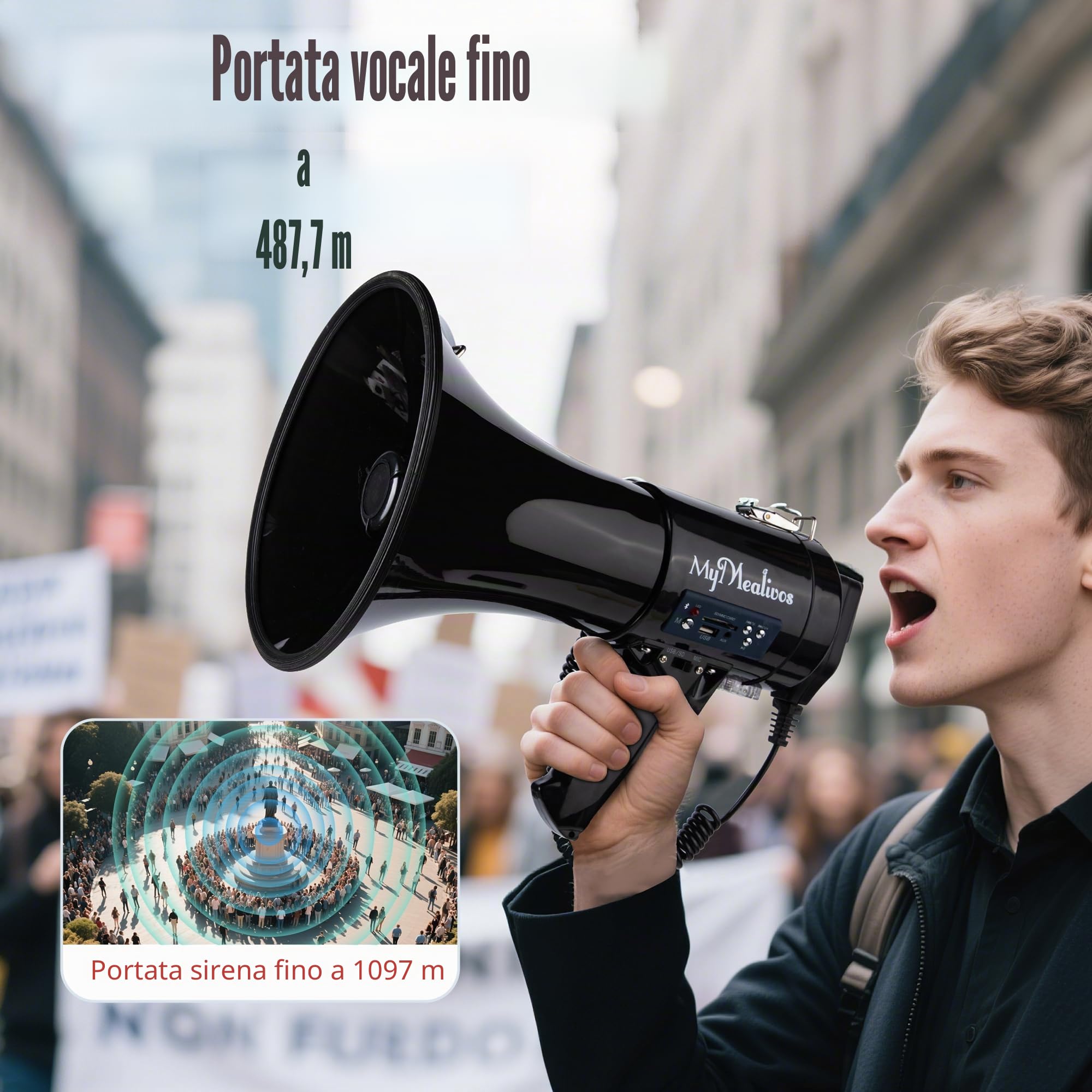 MyMealivos Megafono con Sirena Bullhorn, Altoparlante Bullhorn da 50 Watt con Microfono Rimovibile, Tracolla Leggera Portatile e Ingresso AUX da 3,5 mm (megafono)