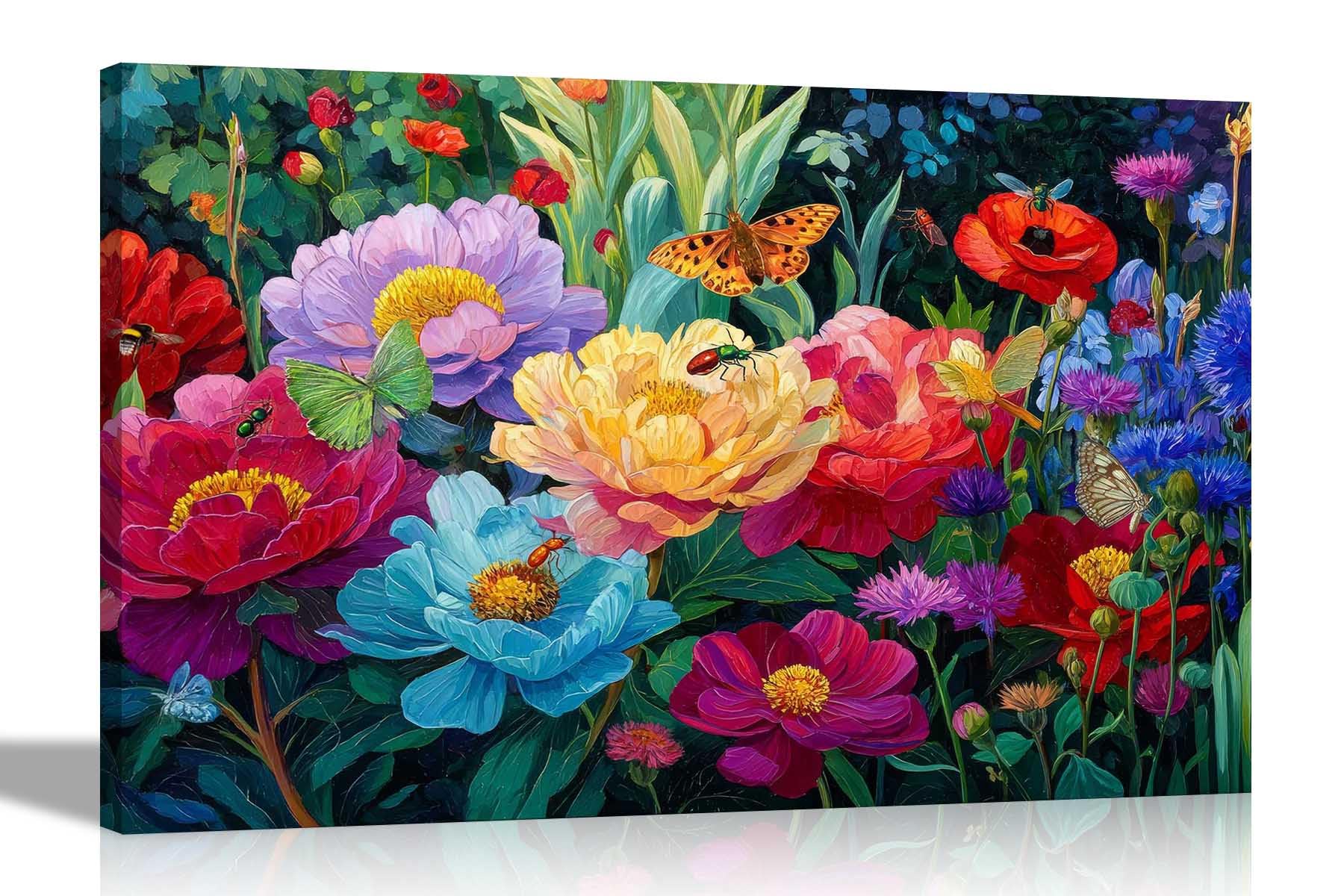 Artley Prints - Colourful Garden Flowers with Bugs and Butterflies Canvas Art Pictures Living Room Hallway Bedroom Framed Wall Prints 101 x 76cm (40 x 30 inches)