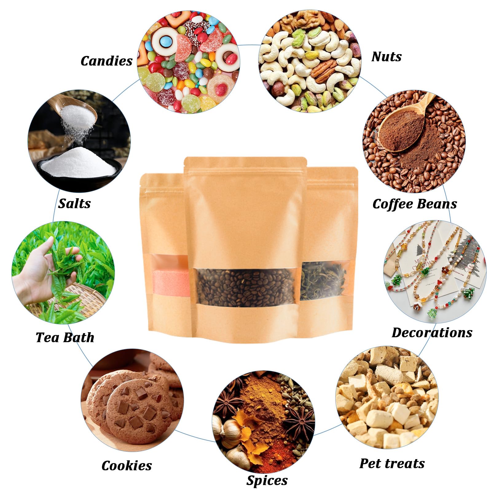 100 bolsas de papel kraft con ventana (6.7 x 9.5 pulgadas), bolsas de papel resellables para almacenamiento de alimentos, bolsa de regalo reutilizable para dulces, galletas, bolsa de 4