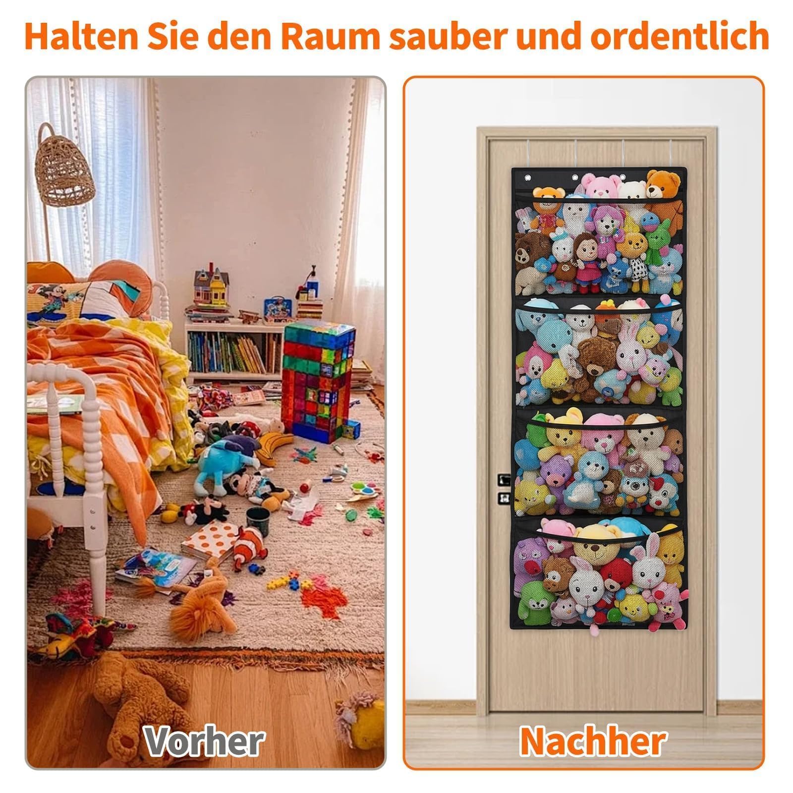 Raheem Kuscheltier Aufbewahrung, Tür Organizer mit 4 großen Taschen, Hängeaufbewahrung Kinderzimmer, Stofftier Aufbewahrung Wandorganizer für Kinderzimmer, Badezimmer, Schlafzimmer，Schwarz