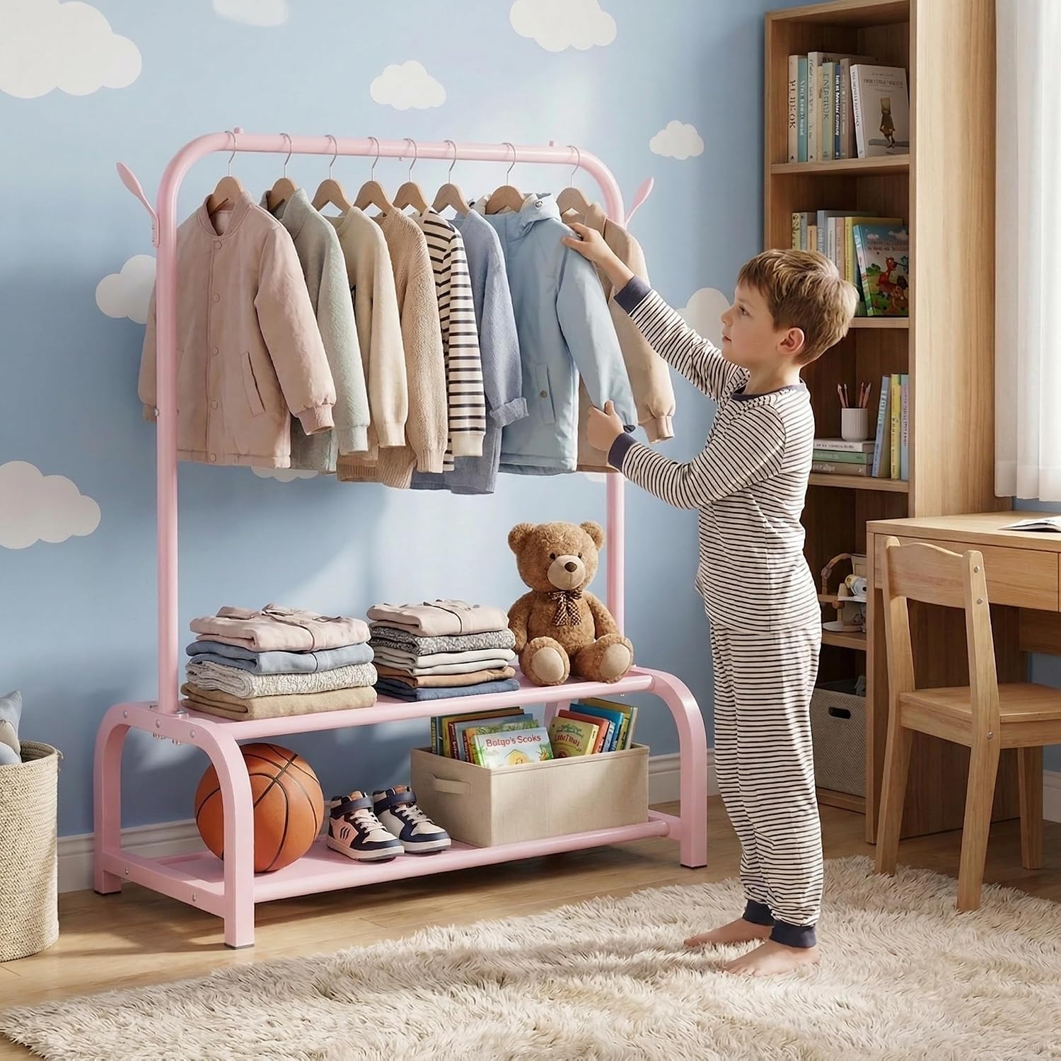 Kids Clothing Rack with 2 Fabric Shelves & Hooks, Portable Baby Dress Up Garment Rack for Princess Dresses, Light Pink