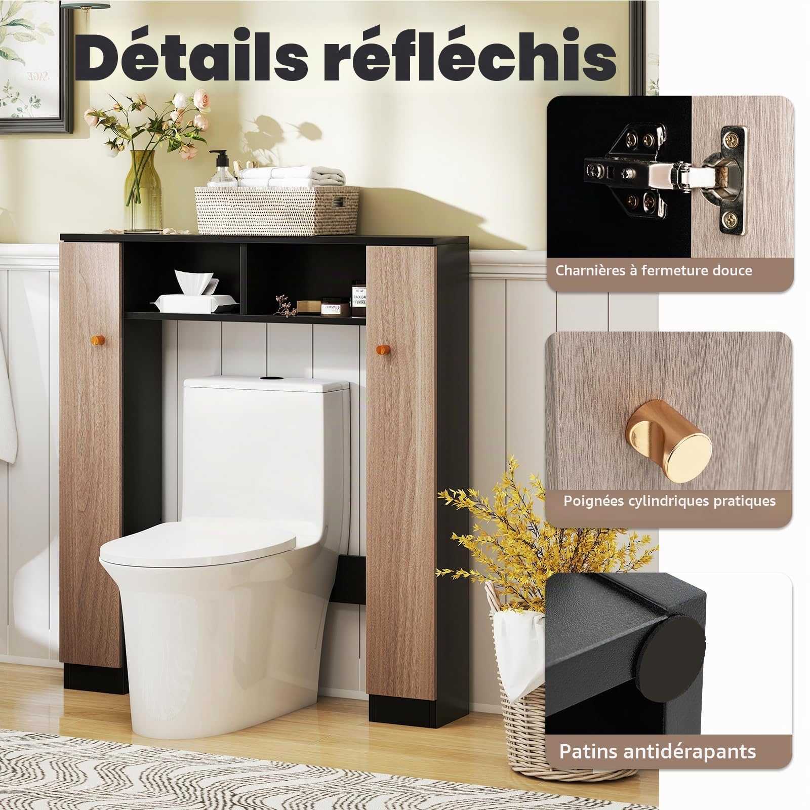 LIFEZEAL Meuble de Salle de Bain sur WC, Étagère sur WC avec 2 Compartiments Ouverts, Meuble pour Machine à Laver en Bois, 87,5 x 18 x 98 cm, Stable et Moderne (Noir)