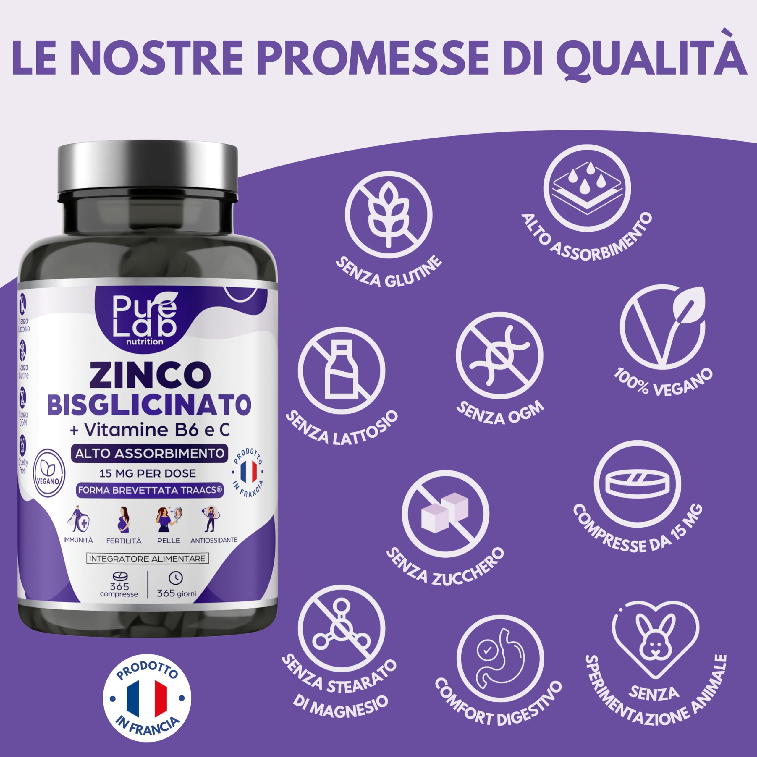 Zinco Bisglicinato + Vitamine B6 e C - Scorta per 1 Anno, 365 Compresse - Alta Assorbimento - Immunità, Antiossidante, Pelle - Senza Lattosio, Senza Glutine - Prodotto in Francia - Pure Lab Nutrition®