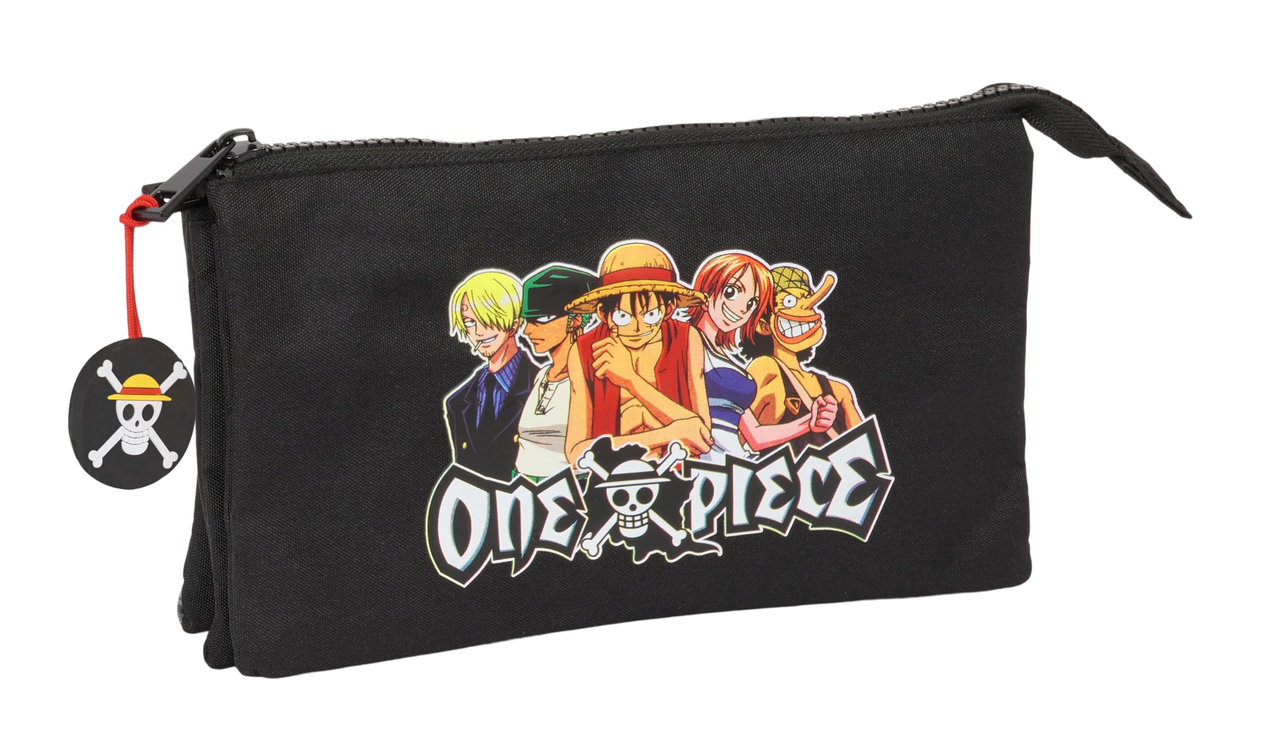 Safta One Piece - Portatodo Triple, Estuche Infantil, Estuche Niño, Ideal para Niños en Edad Escolar, Cómodo y Versátil, Calidad y Resistencia, 22x3x12 cm, Color Negro
