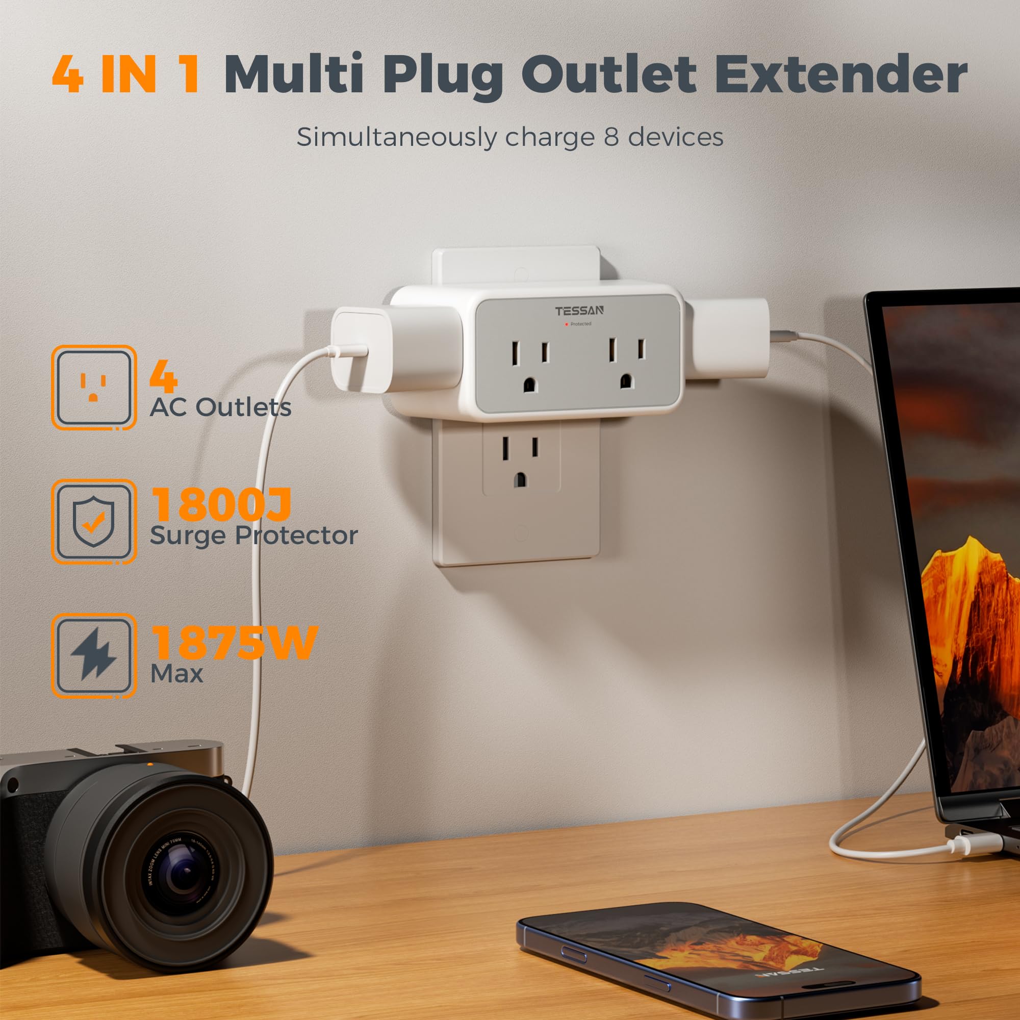 TESSAN 1800J Surge Protector Outlet Extender, Multi Plug Wal -3 TESSAN 1800J Surge Protector Outlet Extender, Multi Plug Wal -3