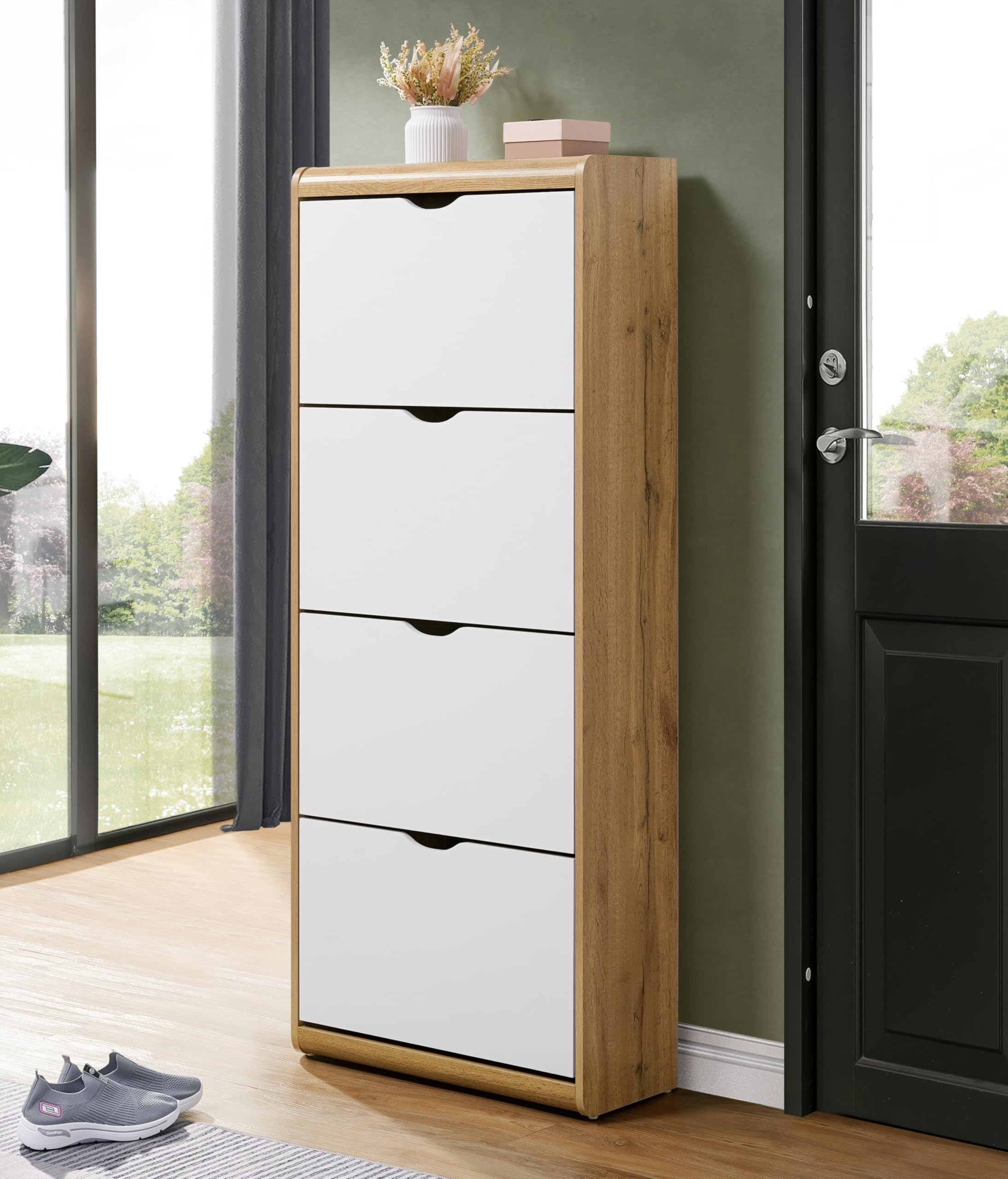 DeckUp Jade Engineered Wood 4-Door Shoe Rack (Wotan Oak & White, Matte Finish)-image-15