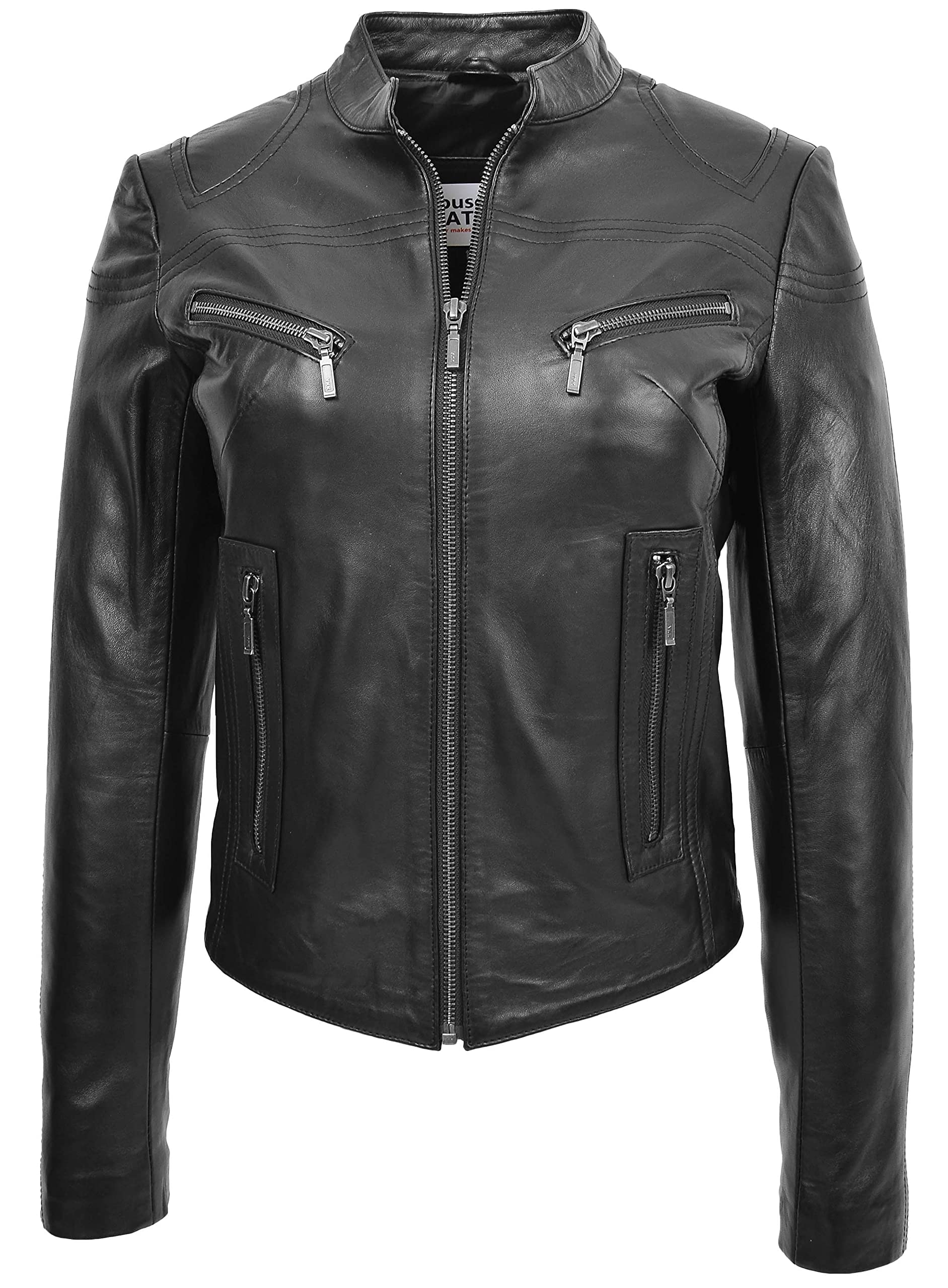 House Of Leather Women's Black Real Leather Biker Jacket Standing Collar Zip Up Style Becky (18, )