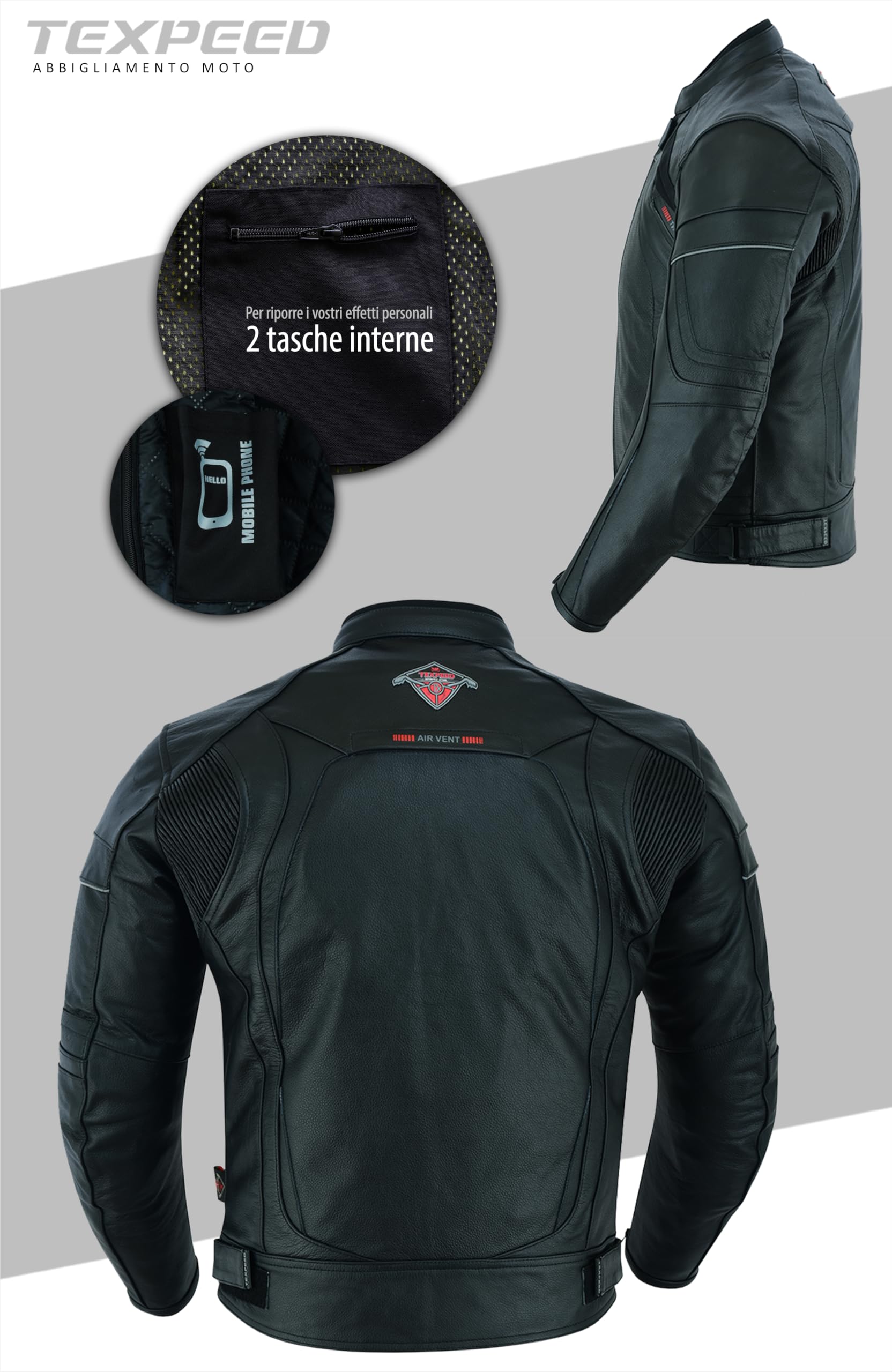 Texpeed Giacca da Moto in Pelle da Uomo – Giacca Racing Traforata per Motociclisti con Protezioni Biker (EN 1621-1) – Nero – M