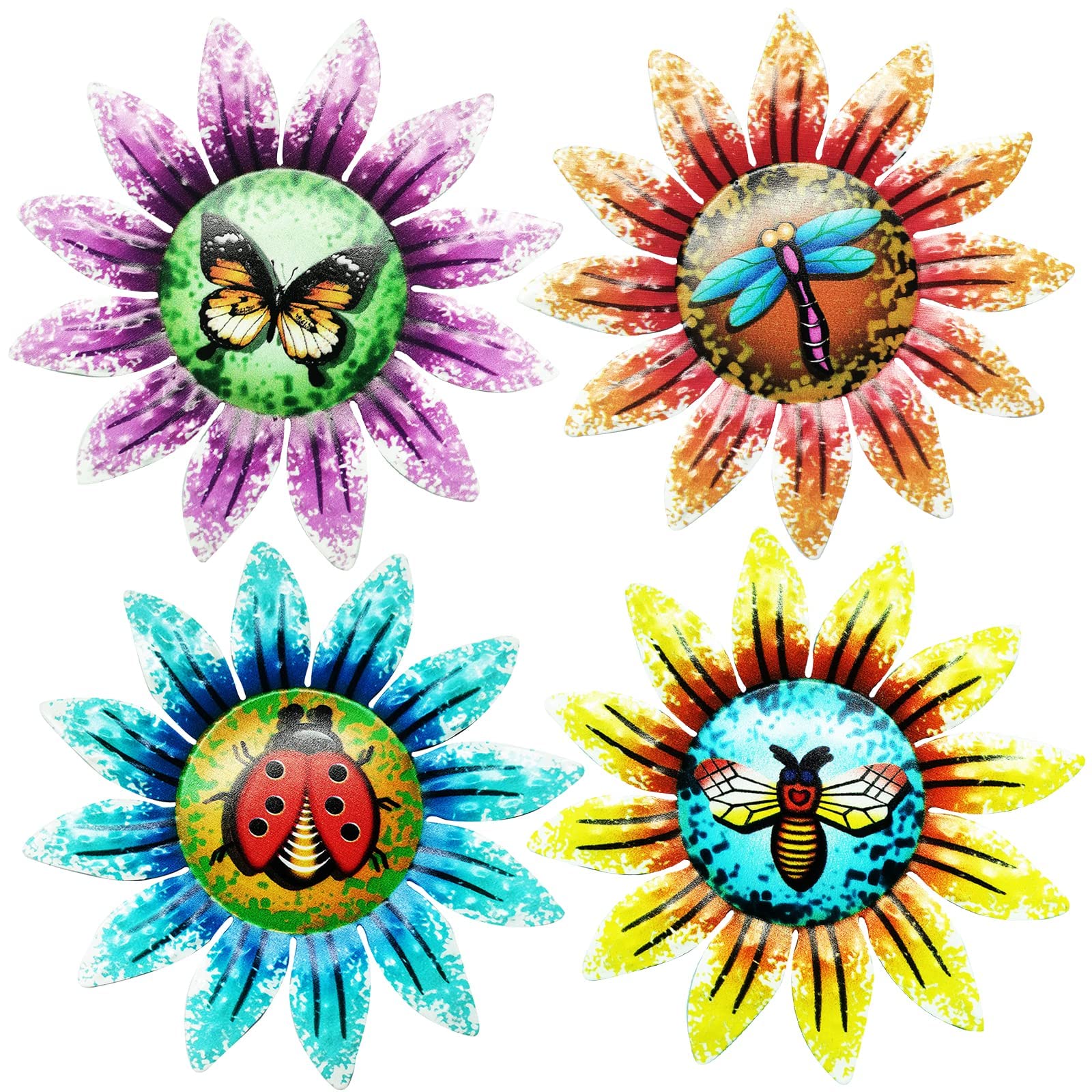 Metal Flower Garden Ornaments - Wall Art Deco Hanging Decoration for Indoor Outdoor Fence Yard Shed (4PCS)