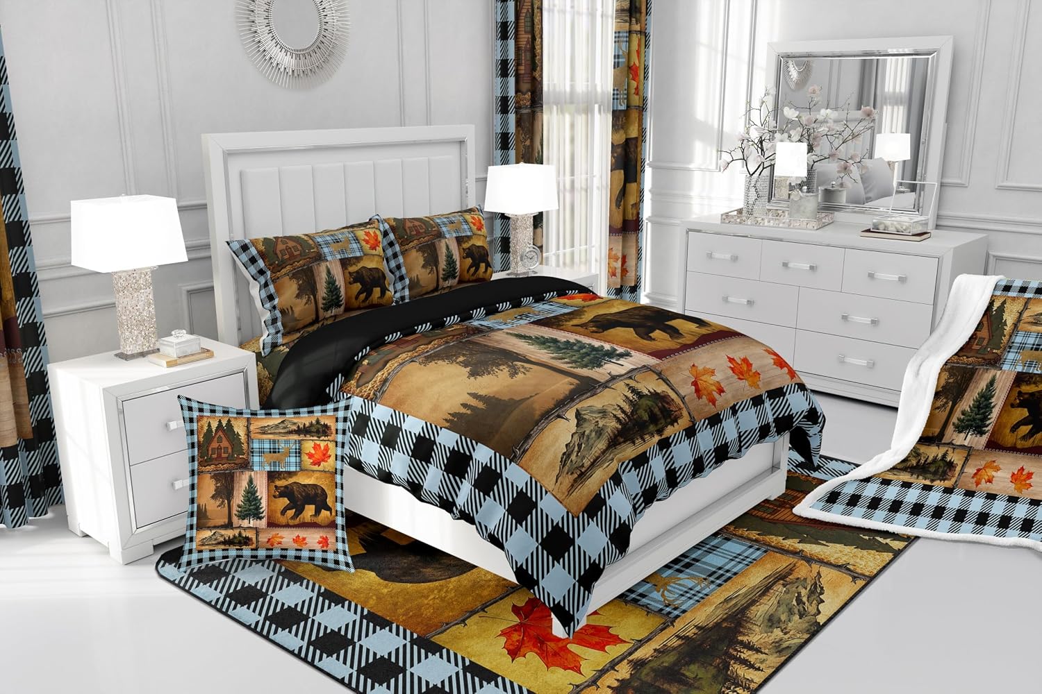 Erosebridal Buffalo Plaid Queen Comforter Set for Boys Girls,Rustic Bear Deer Wildlife Bedding Set,Woodland Animals Rv Duvet Insert,Vintage Western Bedroom Decor Down Comforter,Light Blue