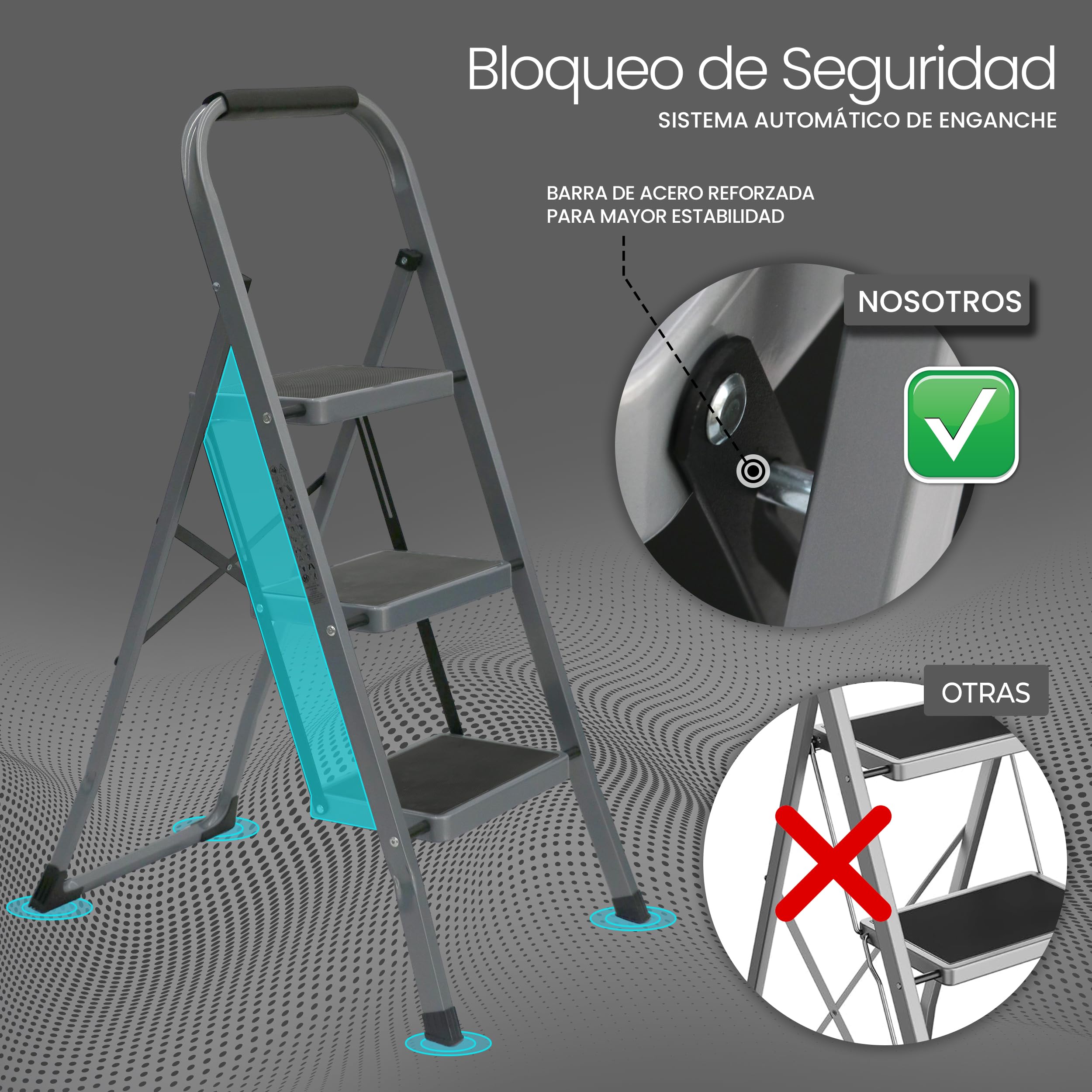 UZIRO Escalera Plegable 3 Peldaños -Estructura de Acero y Peldaño Antideslizante - Asa Superior de Goma - Escaleras Plegables Domésticas - Step Ladder para Hogar (Gris, 3 Peldaños)