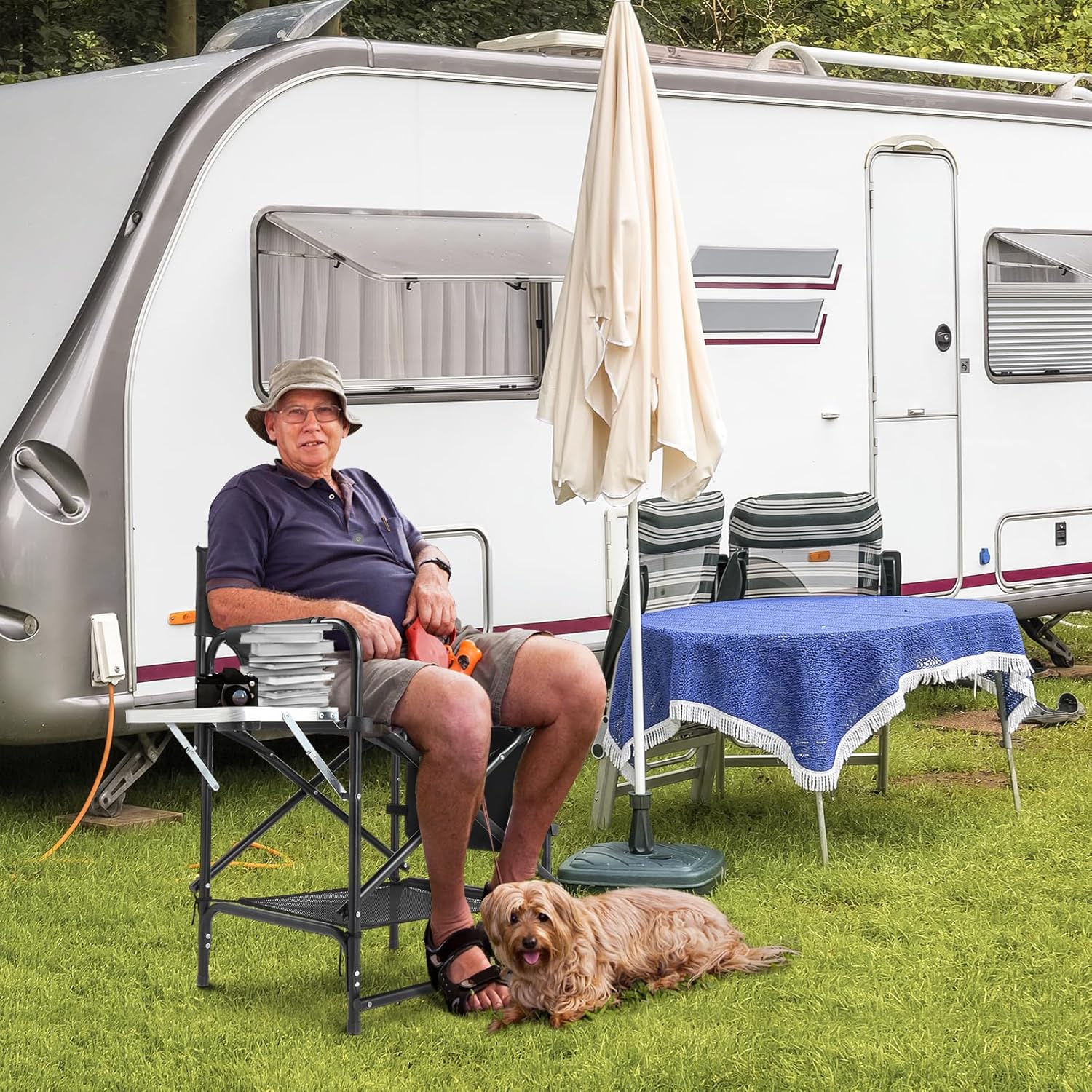 OmySalon Directors Camping Chair with Side Table Storage Bag, Foldable Camping Chair for Aritist & Client (22in)