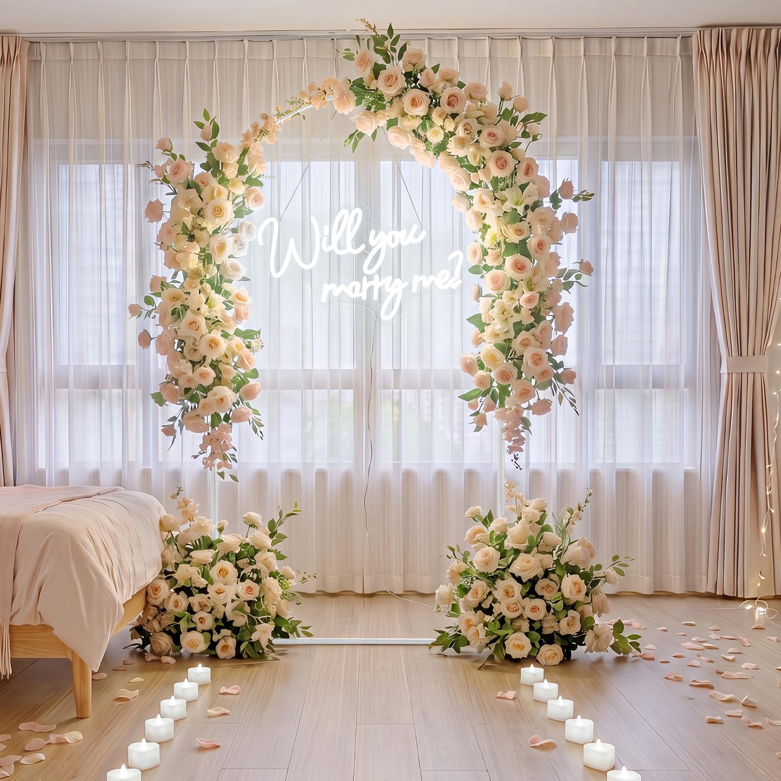 Coume Kit de decoración de propuesta de boda de 7 pies, letrero de neón grande de metal, 24 velas LED de corazón y 2000 pétalos de rosa blancos para propuesta al aire libre, boda, compromiso