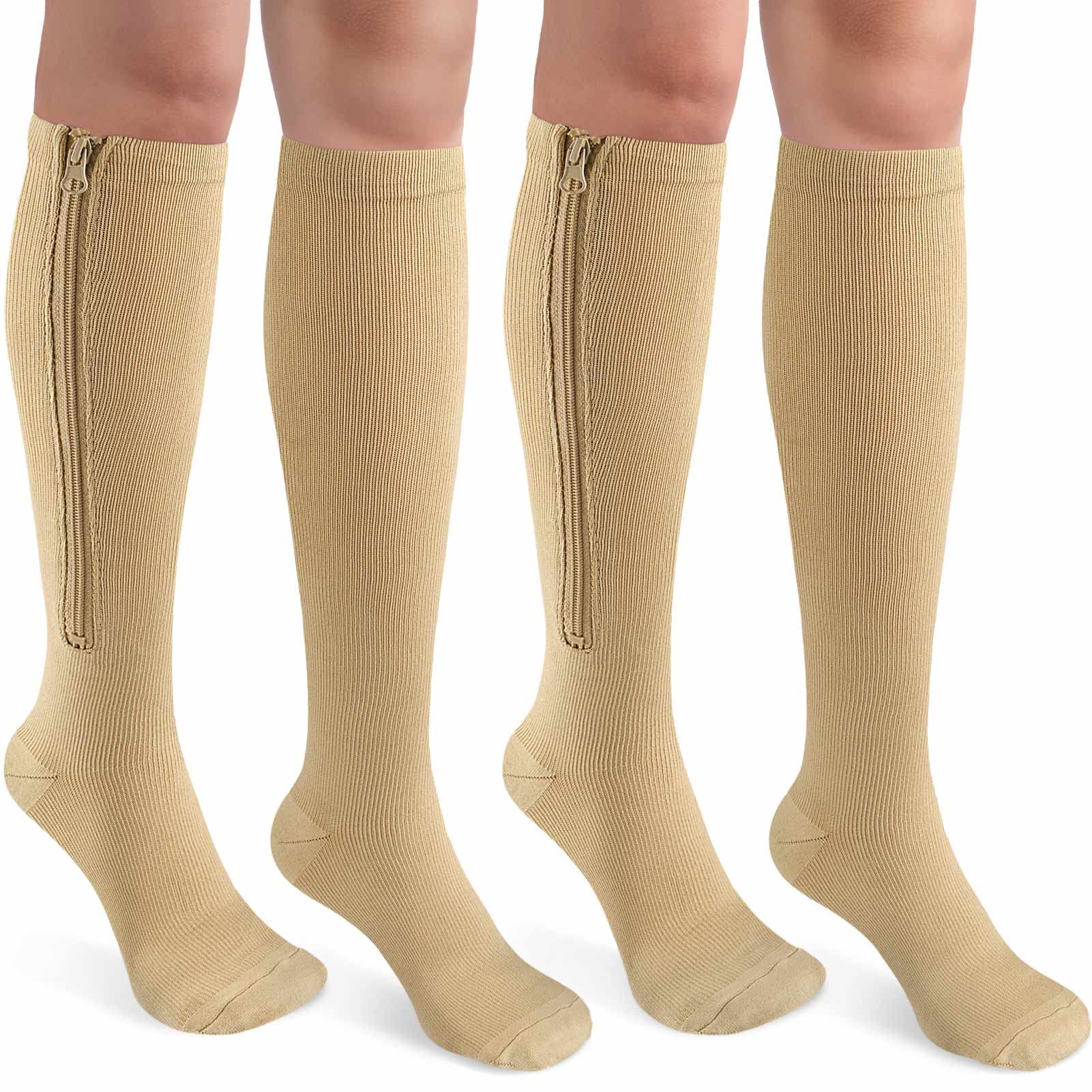 CASMON 2 Pairs Zipper Compression Socks for Women & Men,15-20 mmHg Closed Toe Knee High Support Sock for Varicose Vein Edema