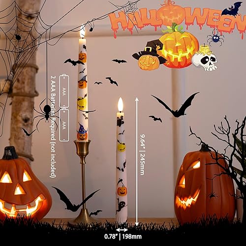 Miniatura 2 de Velas de Halloween con calabaza, murciélago, fantasma, velas cónicas sin llama de cera real de 9.6 pulgadas con control remoto y temporizador,