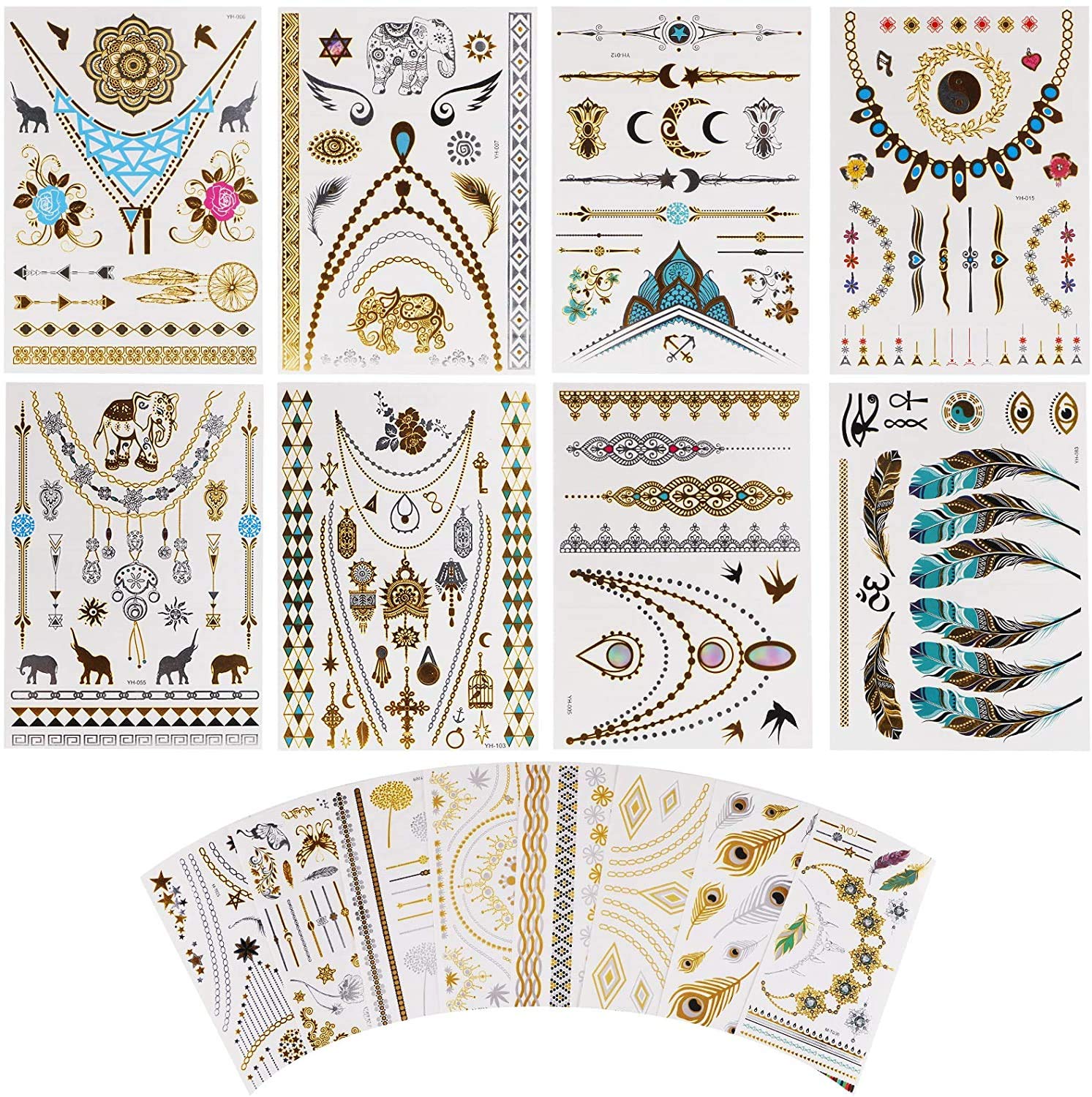 Buy 16 Sheets Temporary Tattoos, Waterproof Metallic Tattoos, Over 200