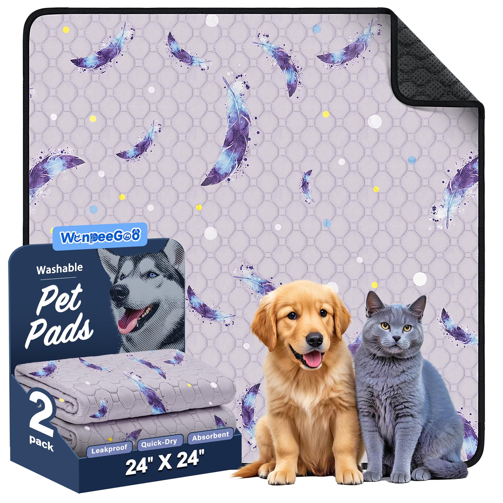 WanpeeGoo Washable Pee Pads for Dogs, 2 Pack Reusable Puppy Pads, Super Absorbent & Leakproof Dog Pads, Anti-Slip Dog Pee Pads for Puppy Training & Incontinence, Feather Pattern 61x61cm — image 1
