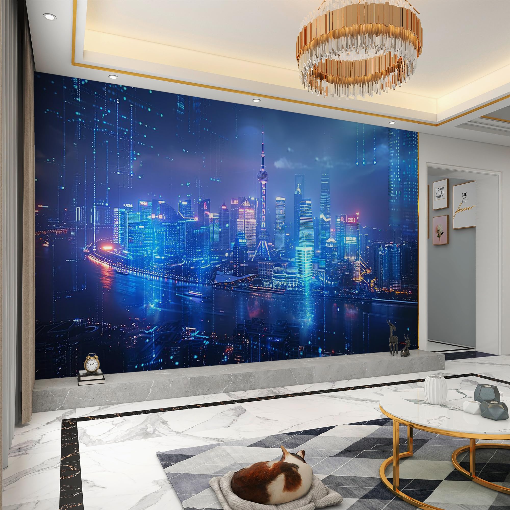 Carta da parati effetto 3D Città Moderna 350 x 256 cm Murale Non Tessuto Vista Notturna Fotomurale Stampa HD Moderna Poster Per Soggiorno E Camera Da Letto Design 2M1749