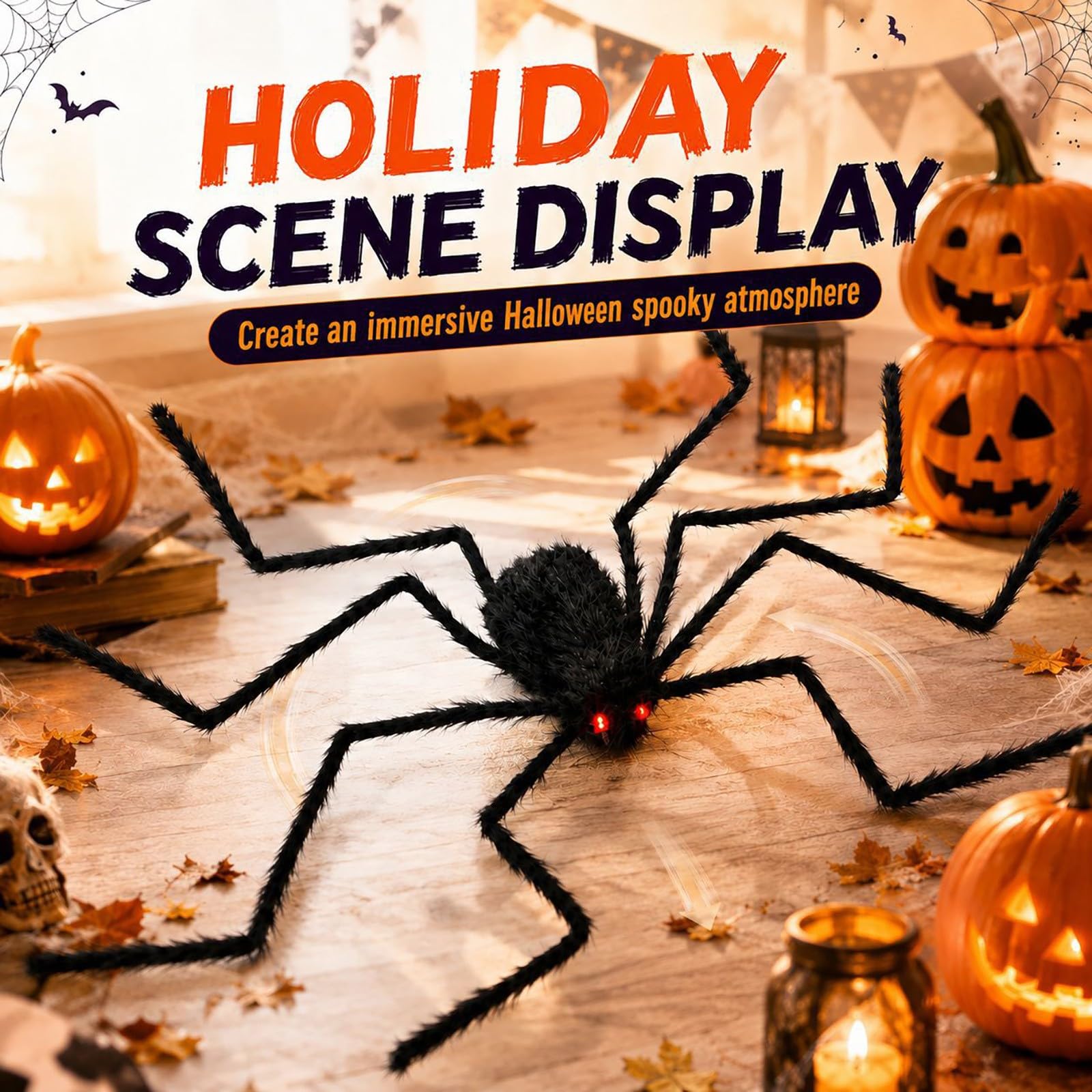 Halloween-Spinne Dekoration Schwarz mit Roten Augen 150 cm，Schwarz-2pcs | Gruselig & Realistisch, Innen- & Außenbereich, Biegbare Beine, Für Partys & Streiche, Überlebensgroß 80 cm hoch