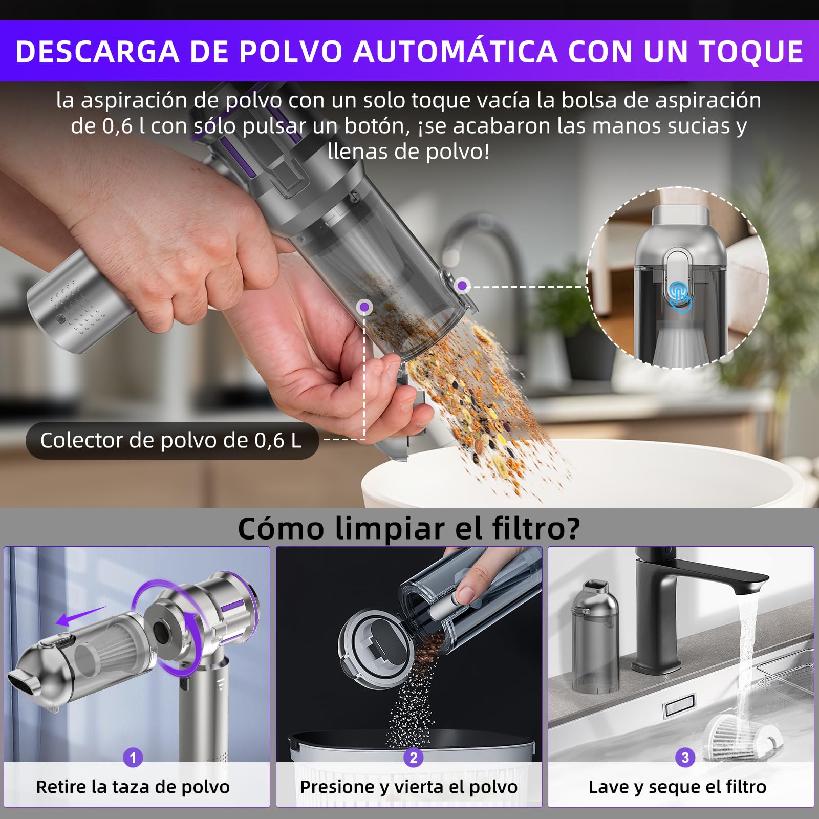 Aspirador de Mano, 25000Pa Aspiradora sin Cable Coche, Descarga de Polvo Automática con un Toque & 4 en 1 aspirador coche con Motor sin Escobillas, 3 Niveles, Ideal para Pelo de Mascotas, Coche, Hogar - 4