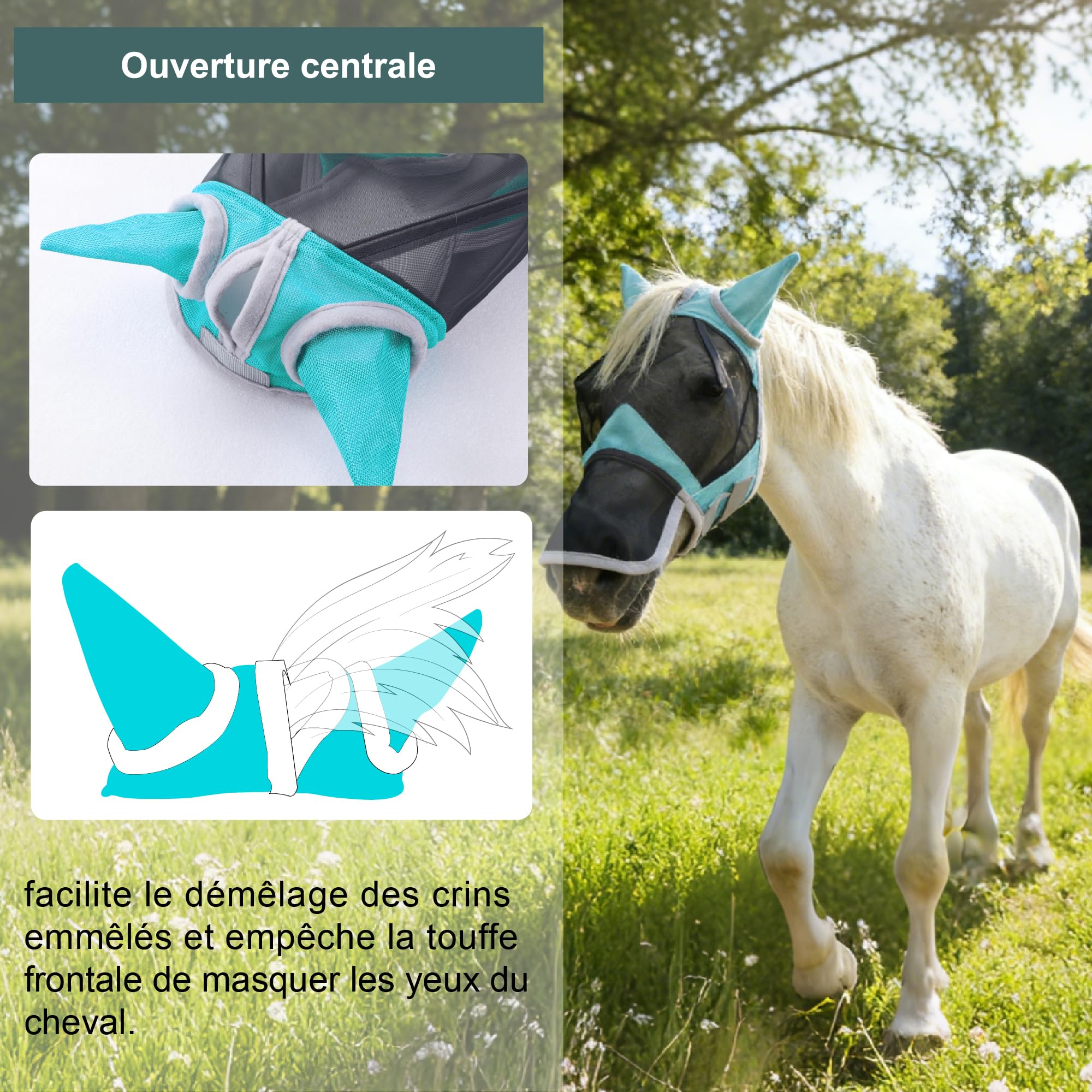 Masque Anti-Mouches pour Chevaux Protection Anti-UV Maille Respirante Turquoise Medium