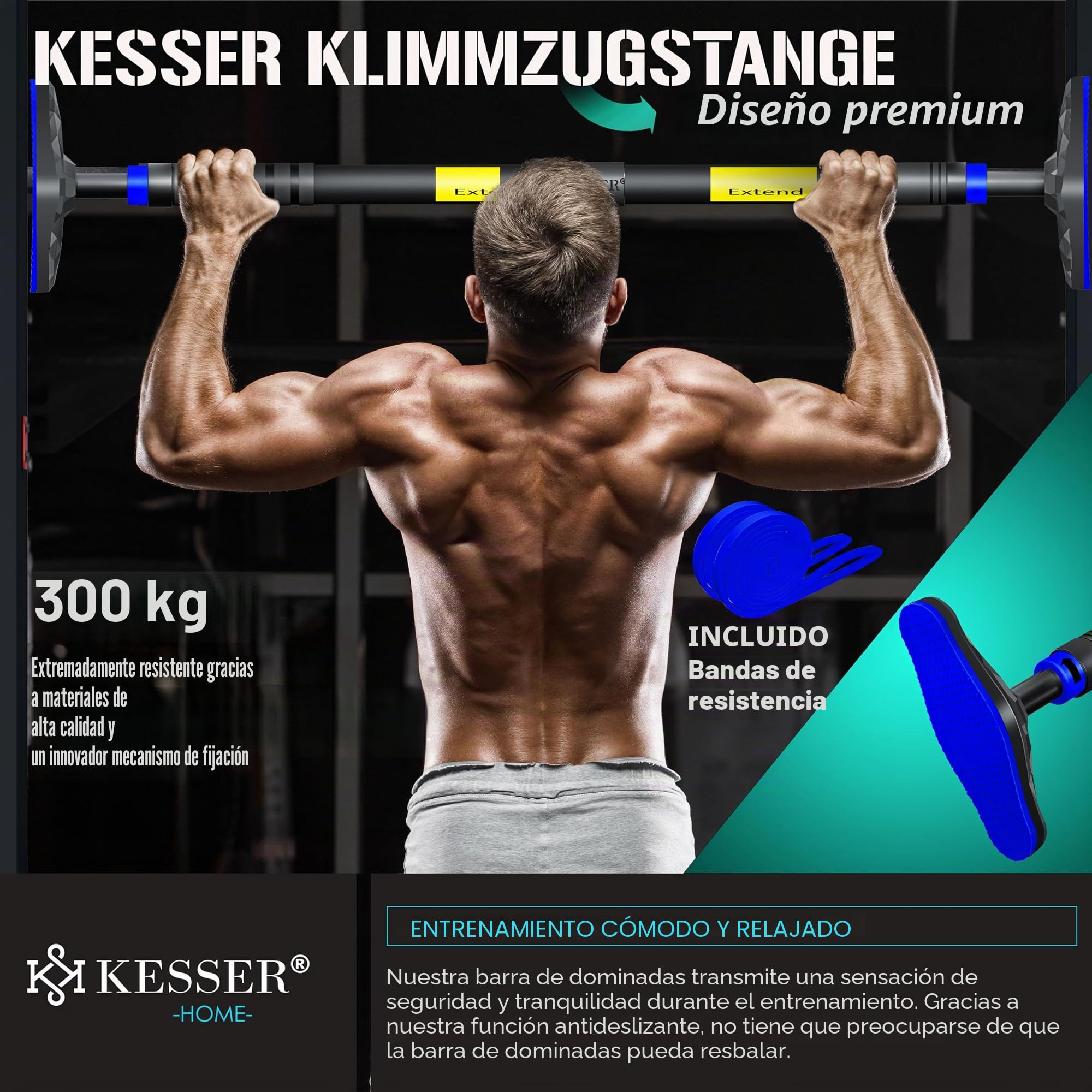 KESSER® Barra de dominadas Regulable en el marco de la Puerta, sin tornillos/taladros, extensible 68-106 cm, hasta 300 kg, asas Antideslizantes, incl. Bandas de Resistencia