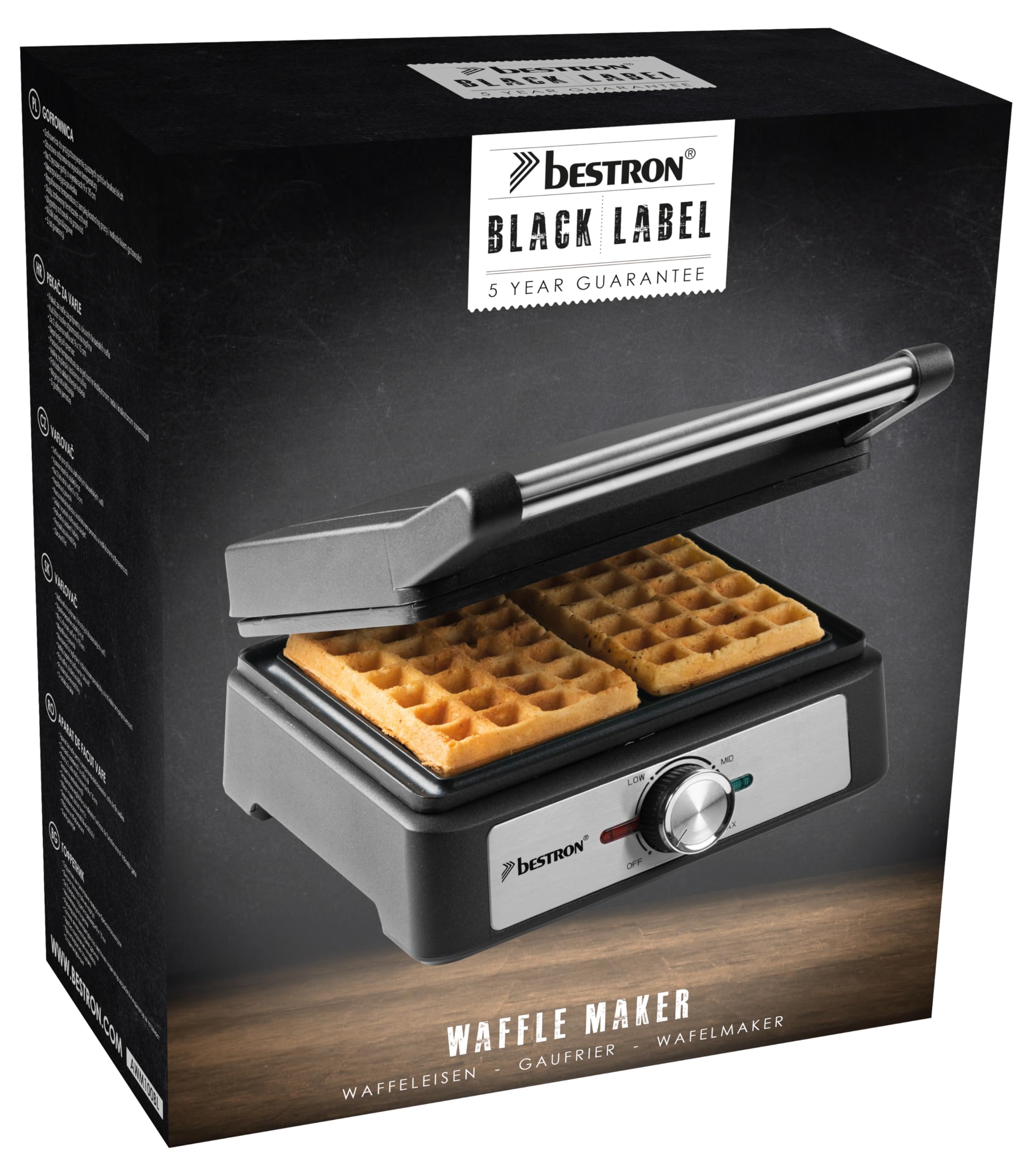 Bestron Gaffles belgas, gofrera de Bruselas para dos gofres gruesos, con revestimiento antiadherente y mango Cool Touch, Black Label Collection, Color: negro mate