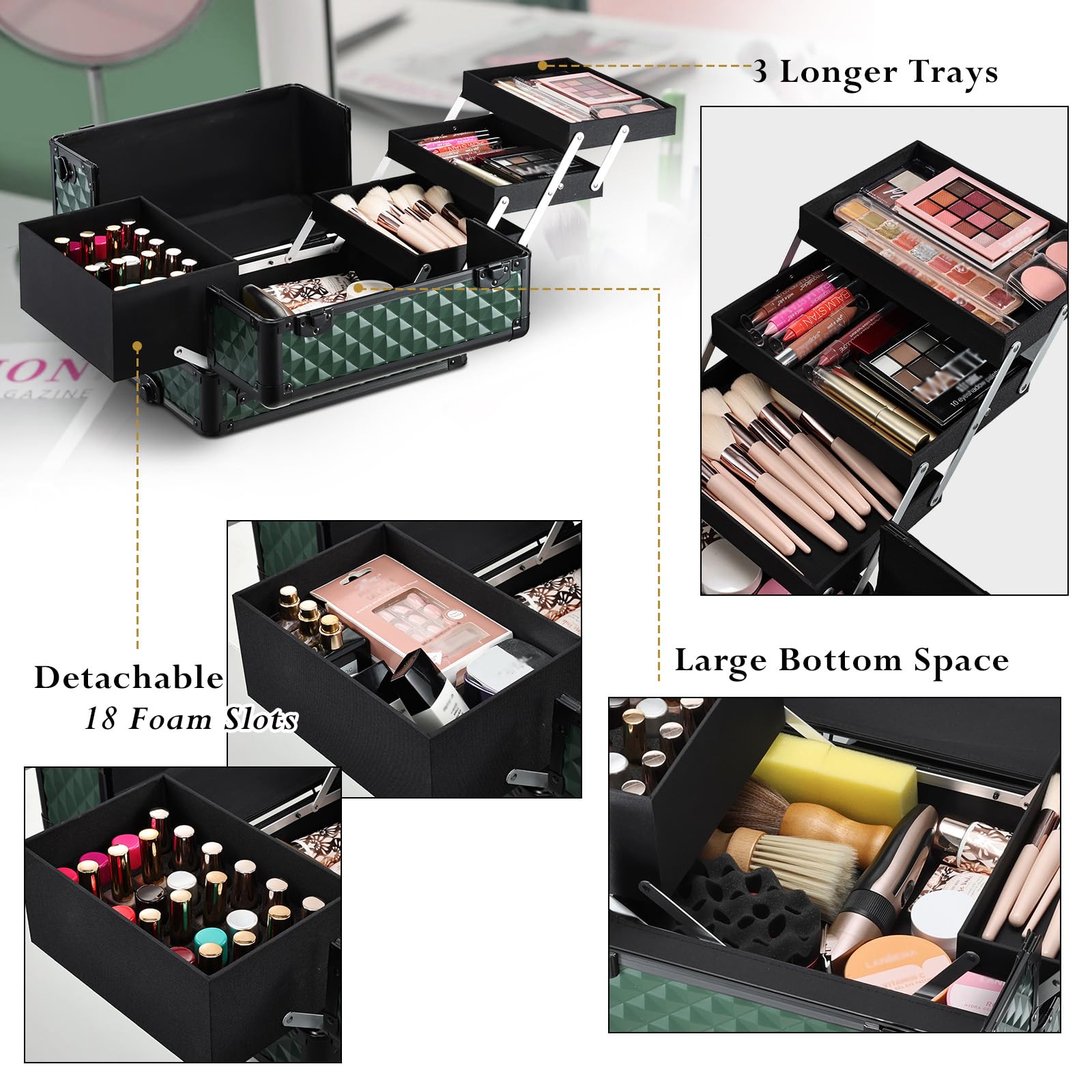 Kosmetik Trolley mit Schubladen Professioneller Kosmetikkoffer Nagelkoffer Make up Koffer Schminkkoffer Großer Friseurkoffer Abschließbarer Beauty Koffer Multikoffer,Dunkelgrün