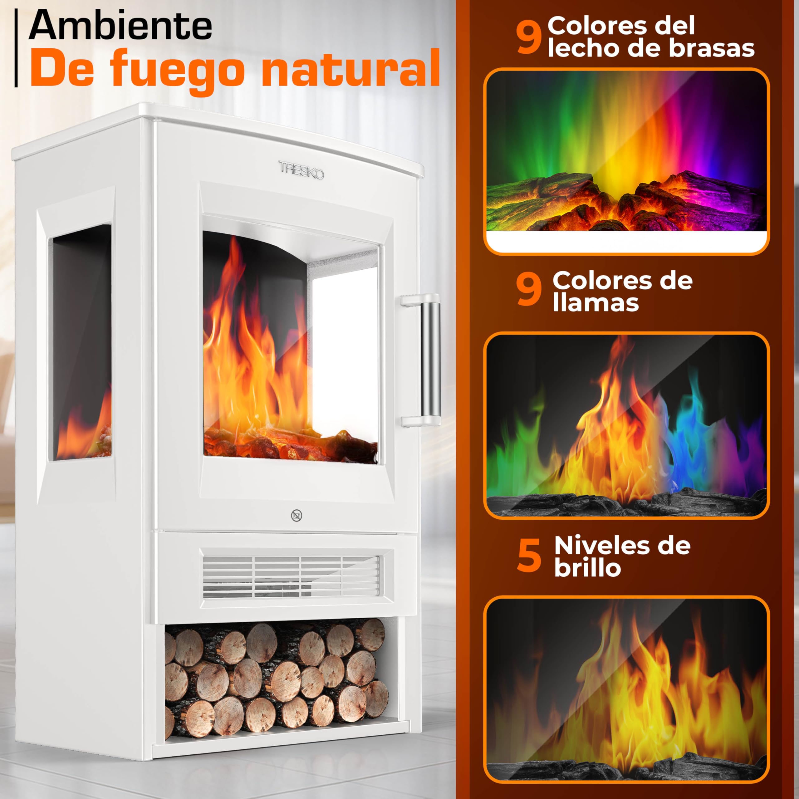 TRESKO Chimenea eléctrica 1800W Smart Home WiFi Mando Estufa Efecto Llama LED Pantalla LCD Termostato Calefacción ventilado Blanco