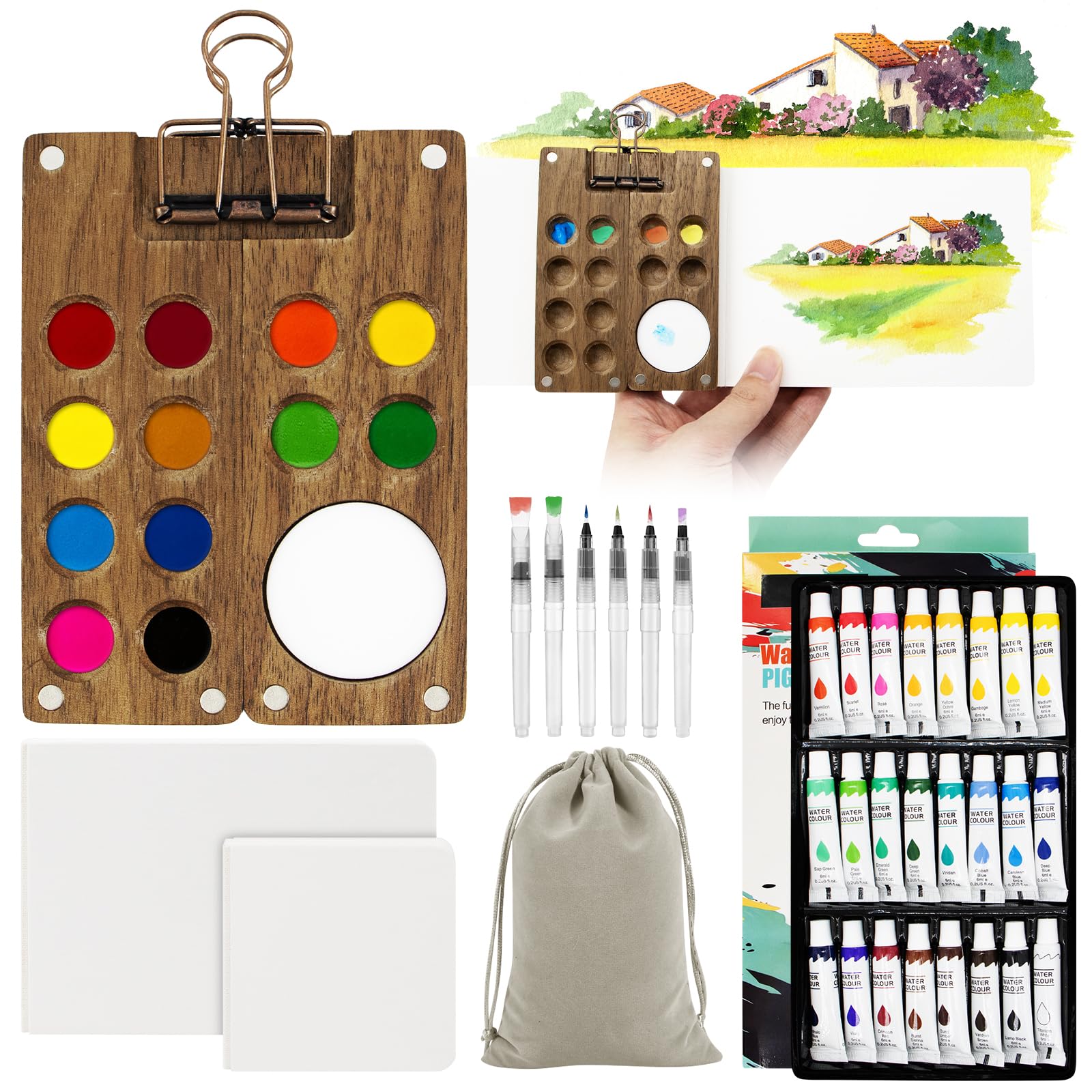 ZOCONE 24 Colors Mini Watercolour Paint Set Travel - 12 Grids Pocket Palette, Watercolor Pen, Pigment, Sketchbook, Velvet Bag Portable Pocket Watercolour Set for Students Artists Painters