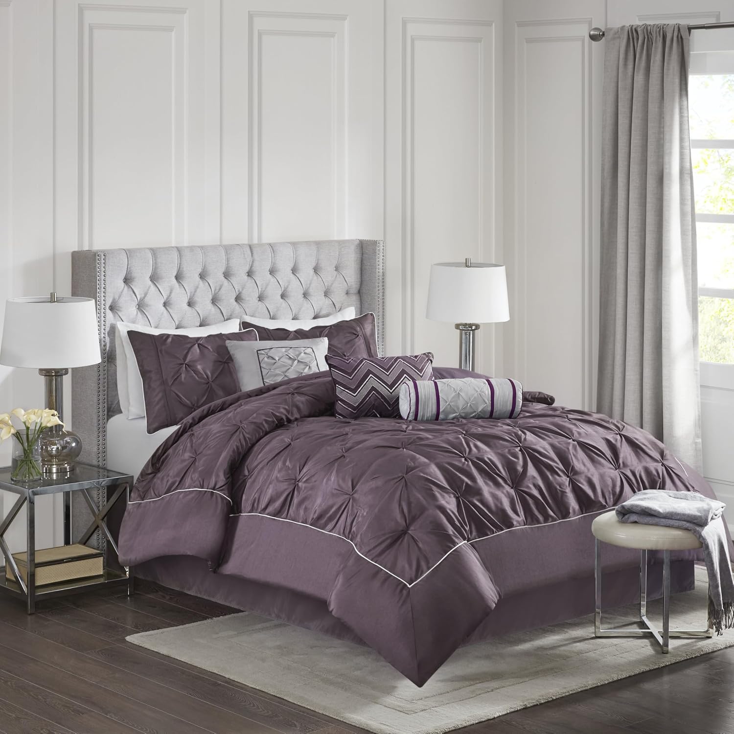 Madison Park Laurel Cozy Comforter Set - Traditional Tufted Faux Silk Design, All Season Down Alternative Bedding with Matching Shams, Decorative Pillow, Plum Queen(90"x90") 7 Piece