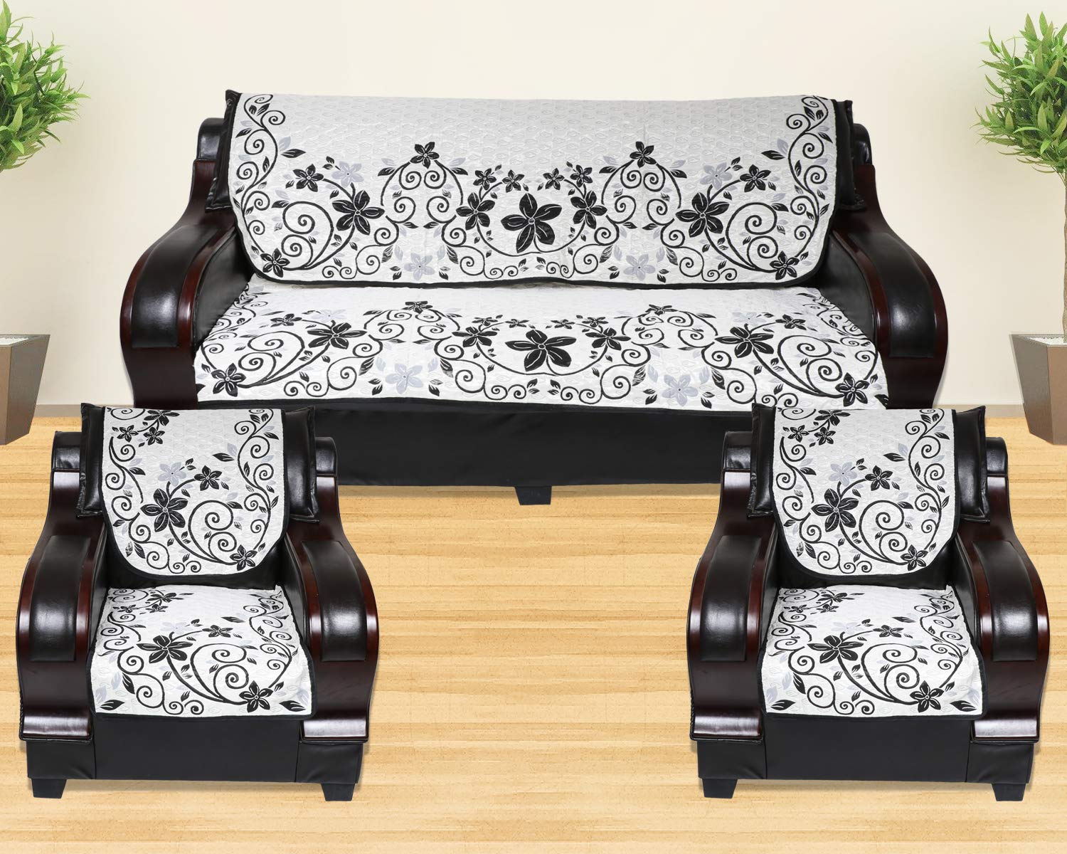AKB EXPORTS Polyester 6 Pcs Flower Design Sofa Covers Set of 5 Seater (3+1+1) – Black, Grey,White