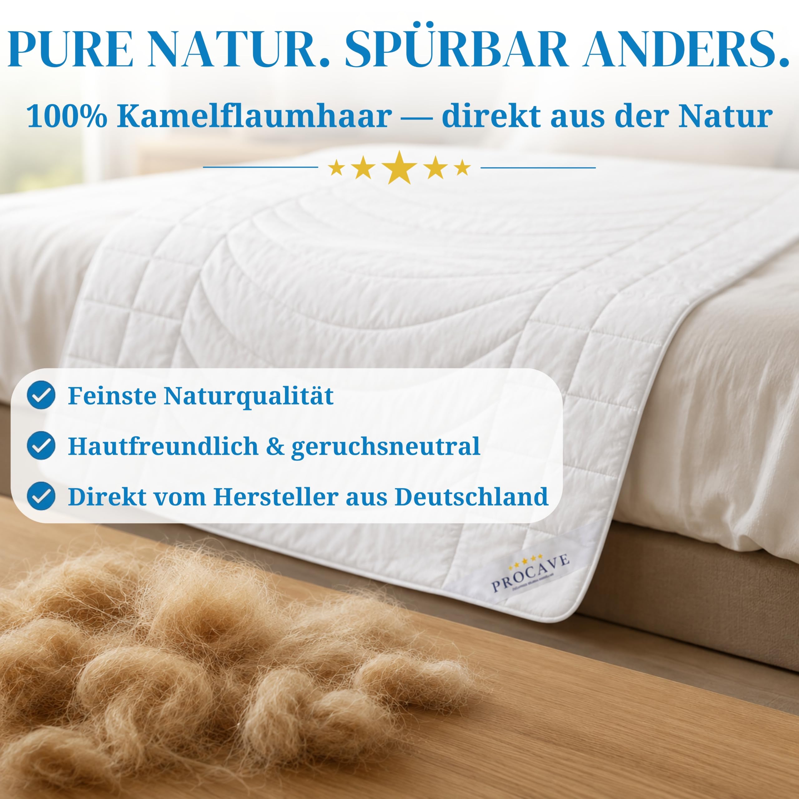 PROCAVE Edredón de Calidad de Camello Exquisito para el Verano, 200 x 200 cm, Ligero edredón de Verano, Manta de Pelo de Camello, Transpirable y Regula el Calor, 100% Fabricado en Alemania
