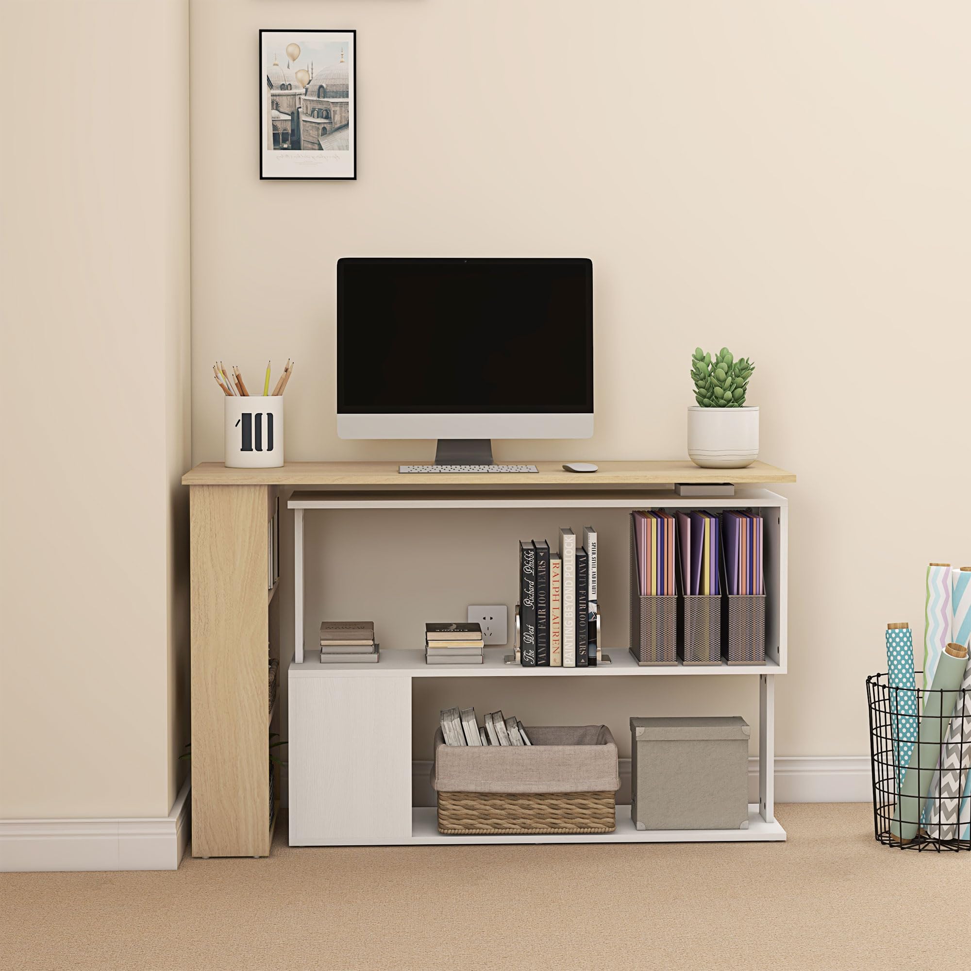 HOMCOM Escritorio Esquinero Giratorio en L 120x110 cm Natural y Blanco | Mesa de Escritorio con Estantes, para Oficina en Casa, Estudio, Hogar