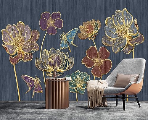 Miniatura 2 de Papel pintado mural de pared 3D de flores doradas en relieve para dormitorio 137" x 100"