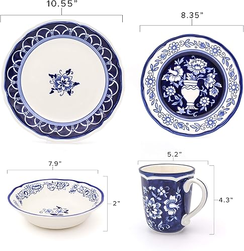Miniatura 5 de Euro Ceramica Blue Garden - Juego de vajilla de cerámica pintada a mano de 16 piezas, apta para horno, servicio para 4, diseño de jarrón