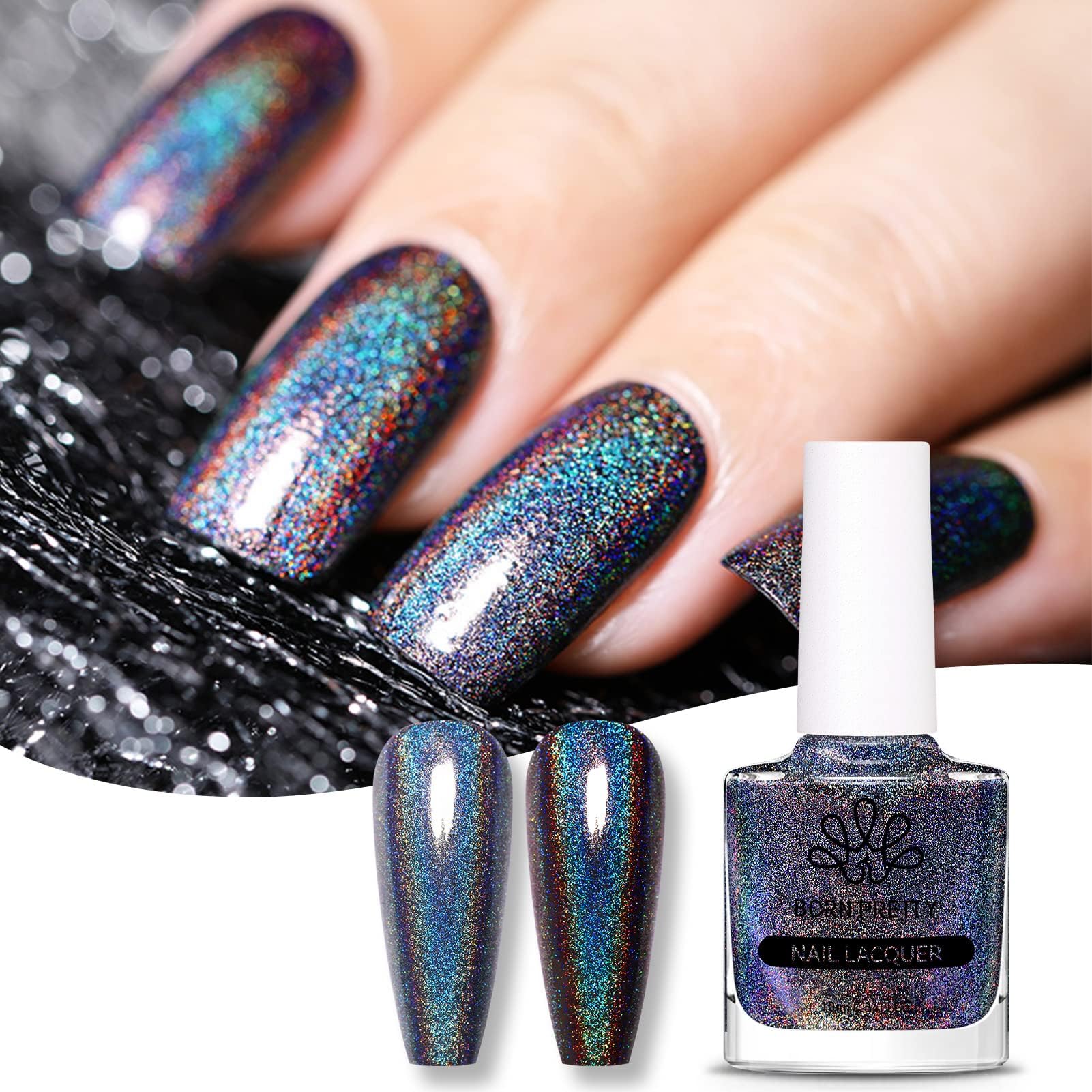 Holographic Nail Polish Black Nail Polish Magic Rainbow Effect Nail Varnish Lacquer Holo Glitter Super Shine Nail Art Polish 10ml
