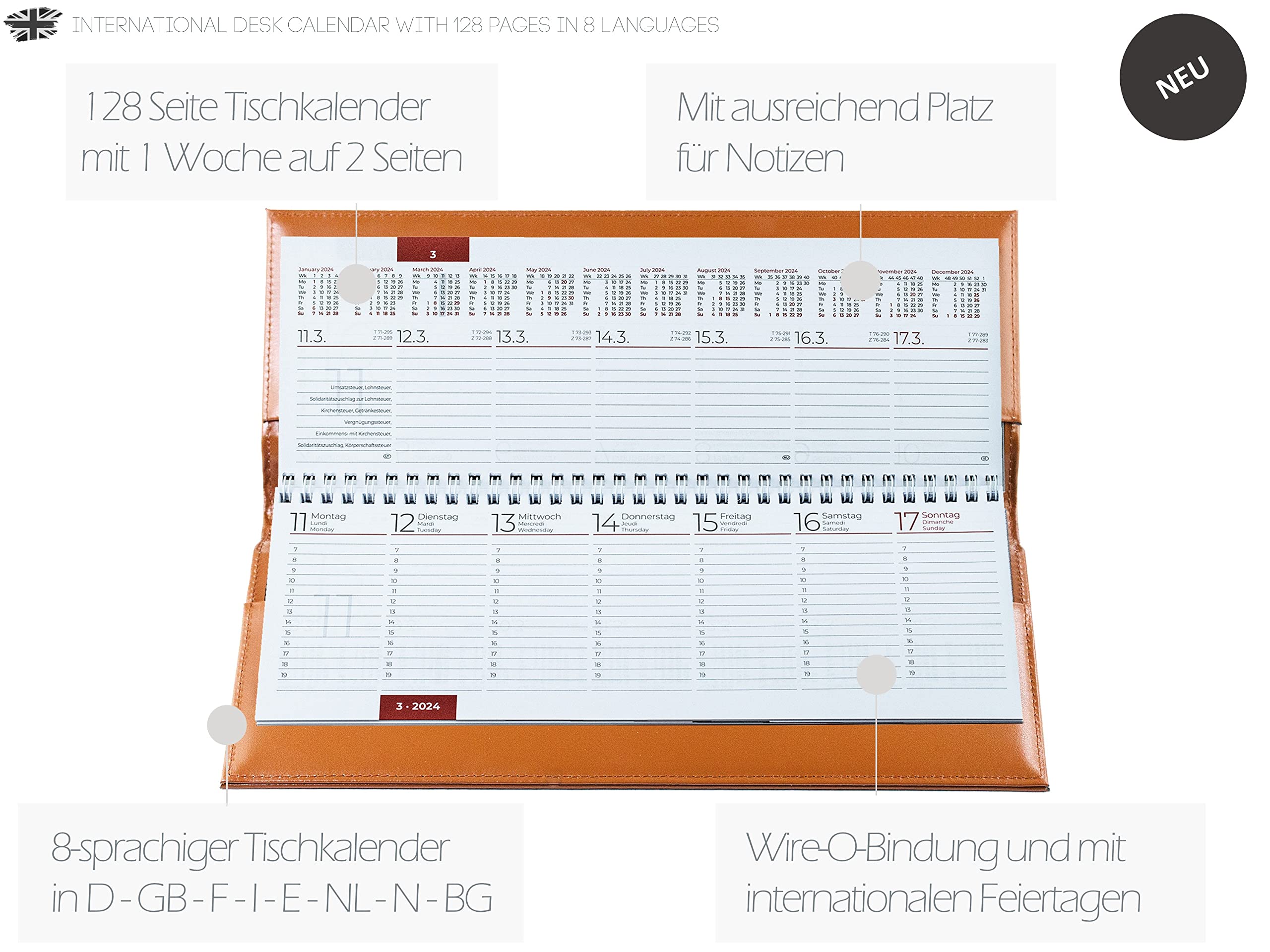 DELMON VARONE - Tischquerkalender 2027 Cambridge Top Grain Leder Braun - Tischkalender Quer 1 Woche auf 2 Seiten - Echtleder Wochenplaner Kalender - Büro & Schreibtisch Wochenkalender Organizer