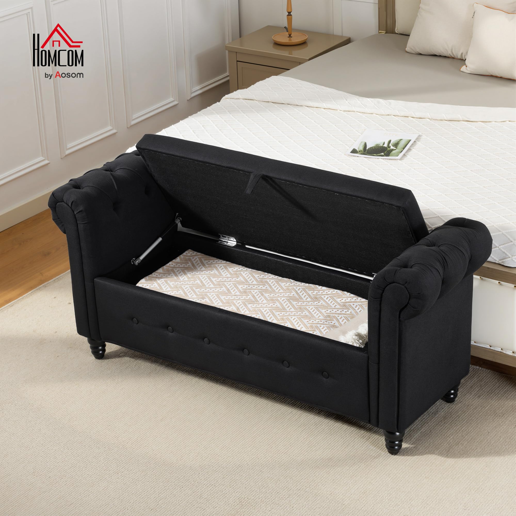 HOMCOM Banc de Rangement, Coffre de Rangement 146,5 x 49 x 72 cm Noir | Tissu Aspect Lin, Pieds en Bois