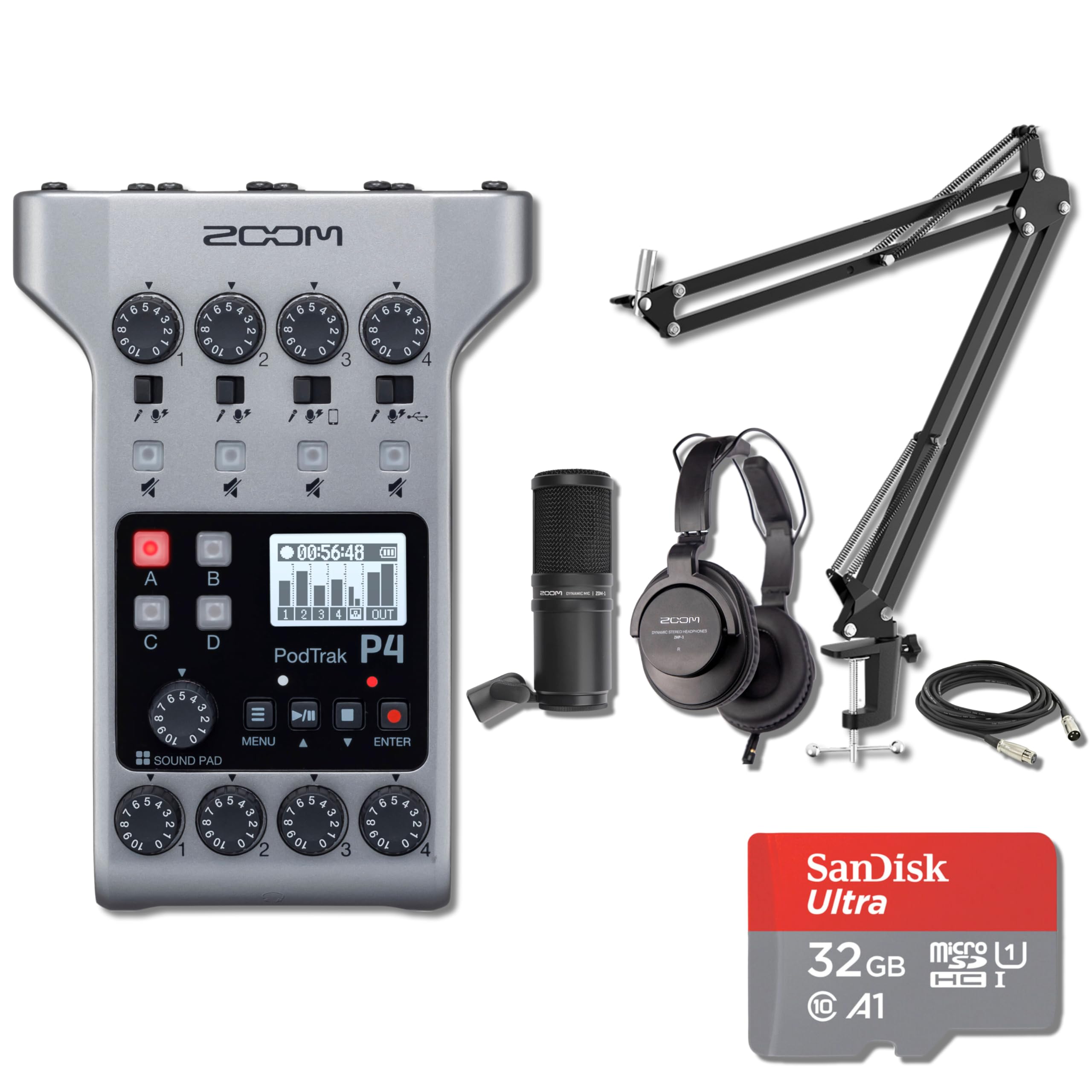 Zoom Podtrak P4 with Zoom ZDM-1 Podcast Mic Pack, StreamEye BOOMARM1 Microphone Arm, 32GB SD Card and StreamEye Polishing Cloth