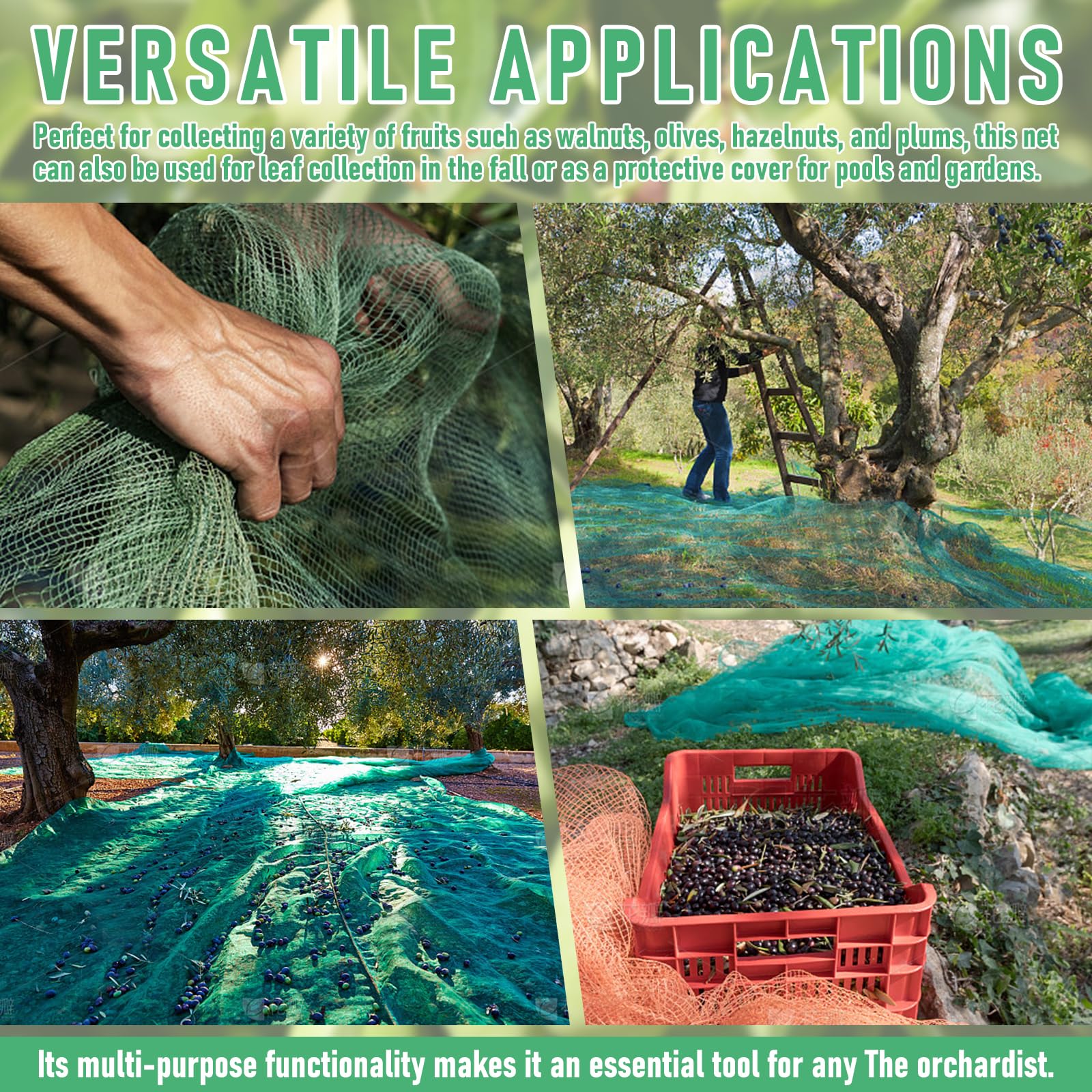Red de cosecha agrícola verde de 26.6 x 13 pies para recolección de fruta, oliva, castaño, ciruela y avellana, red de recolección fácil de recoger y reutilizable (8 x 4 m)