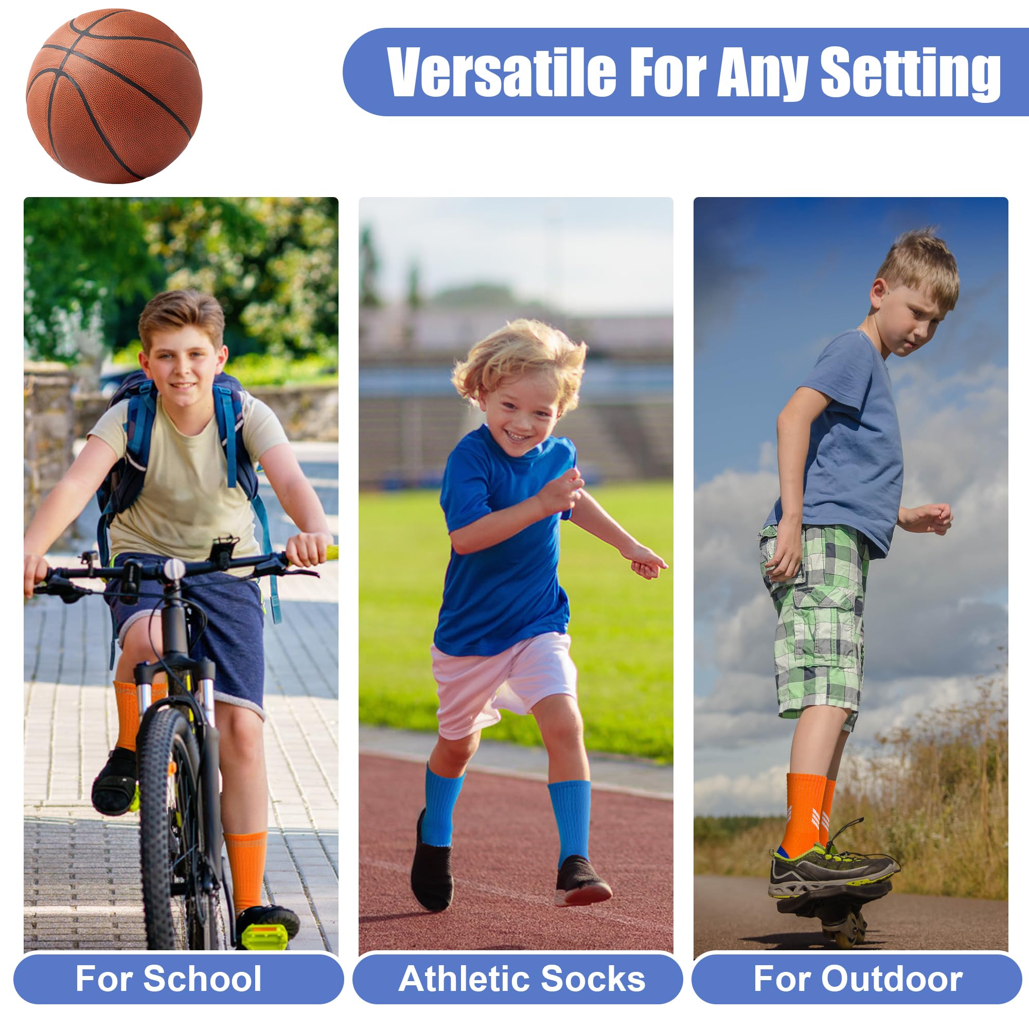 GRPSKCOS Lot de 6 paires de chaussettes de sport en coton pour enfants, chaussettes confortables pour garçons et filles de 5 à 14 ans