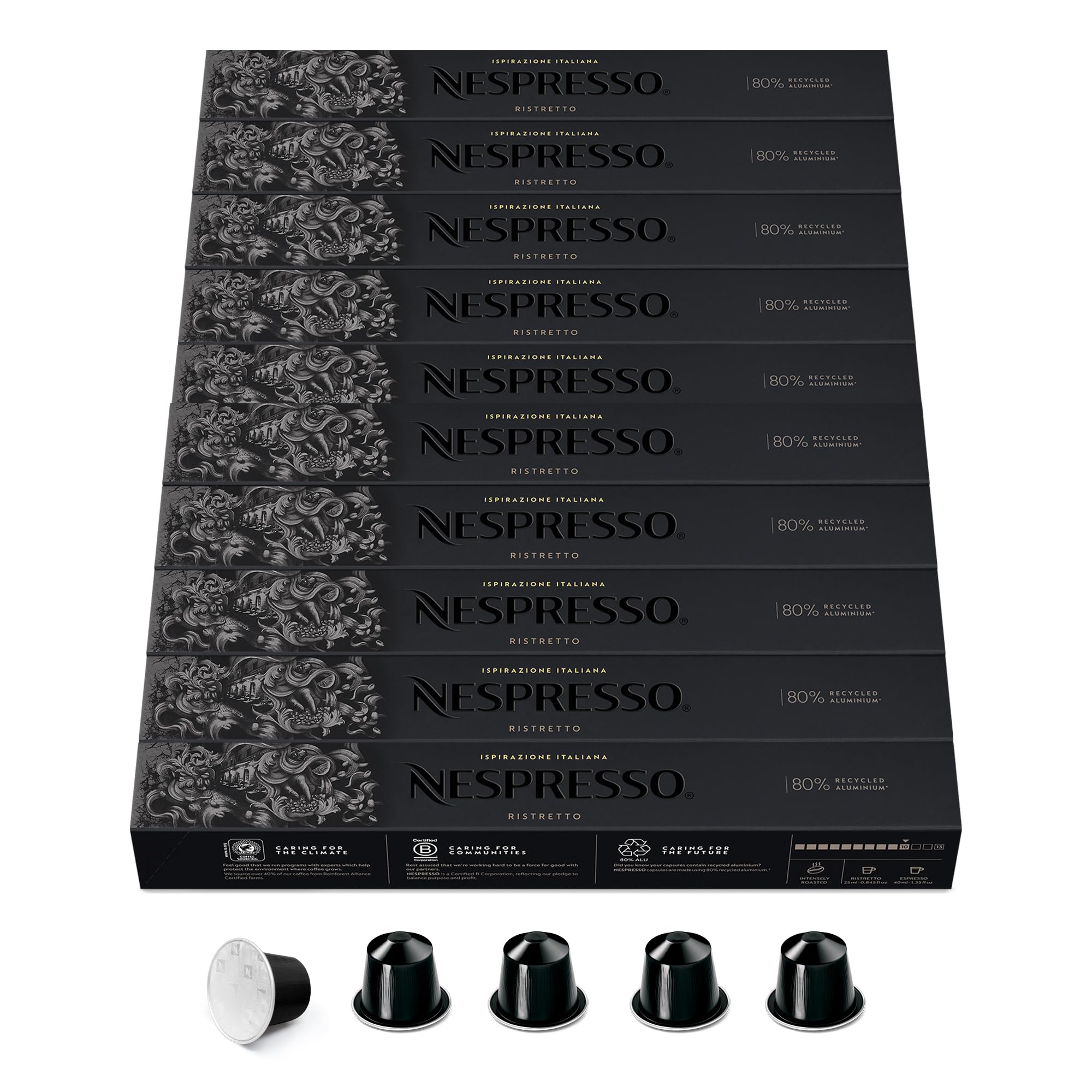NESPRESSO ORIGINAL Ristretto 100 Kaffeekapseln | Arabica & Robusta Kaffee, Dunkle Röstung, Intensität 10, Ideal für kräftigen Espresso