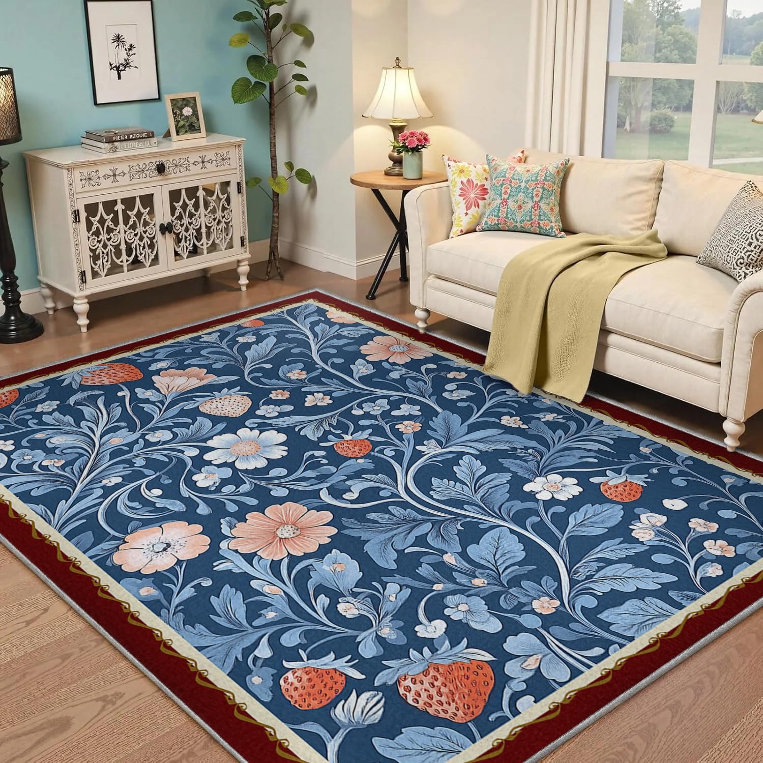 Tapis de salon bleu marine 180x240 cm lavable et fin au style vintage