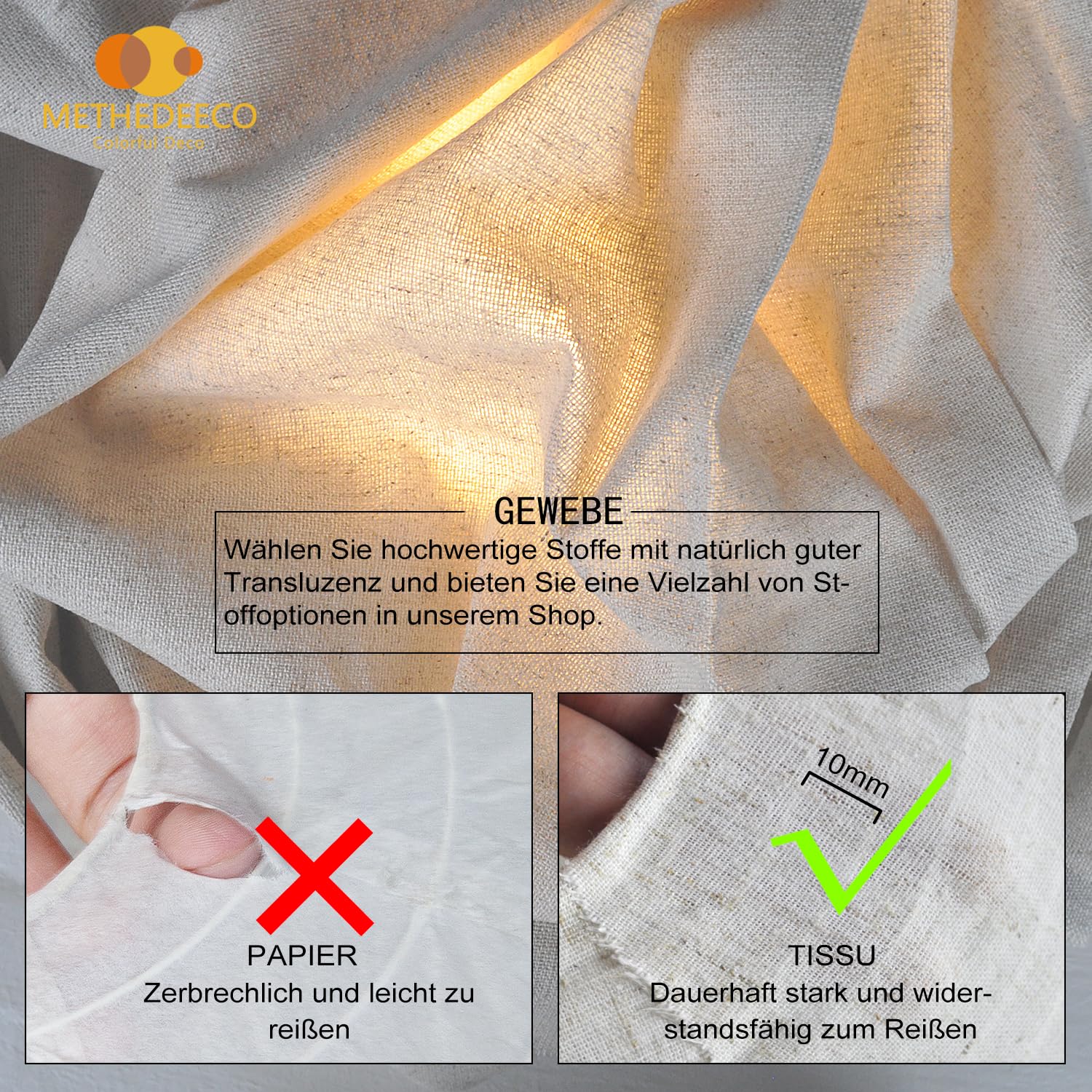 METHEDEECO 1 Pantalla colgante ovalada de 50 cm en tela efecto lino, bohemio pantalla para lámpara de techo para salón, dormitorio y comedor, luz suave, sin bombilla ni cable