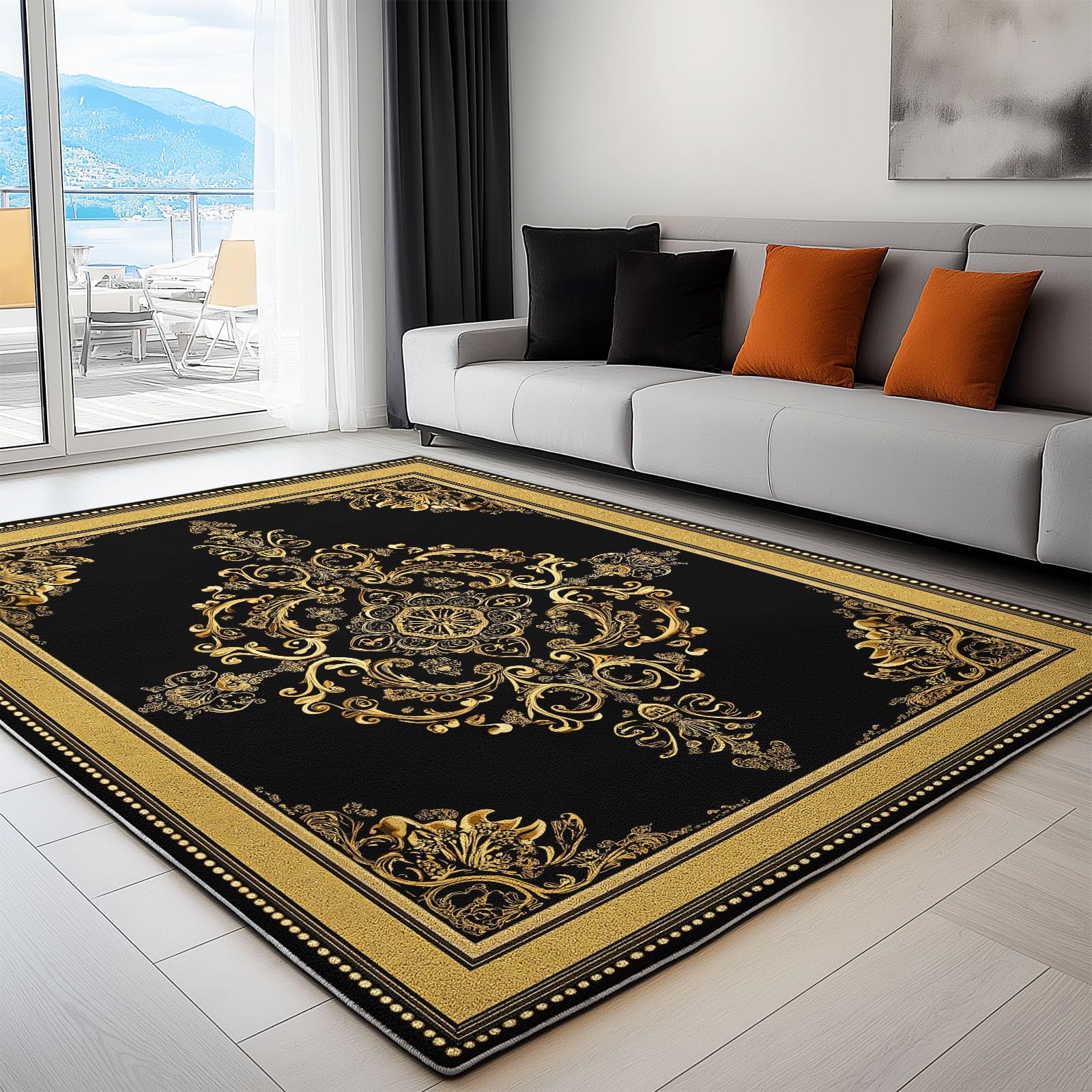 Tapis de cuisine noir et or 120x180 cm chic et lavable