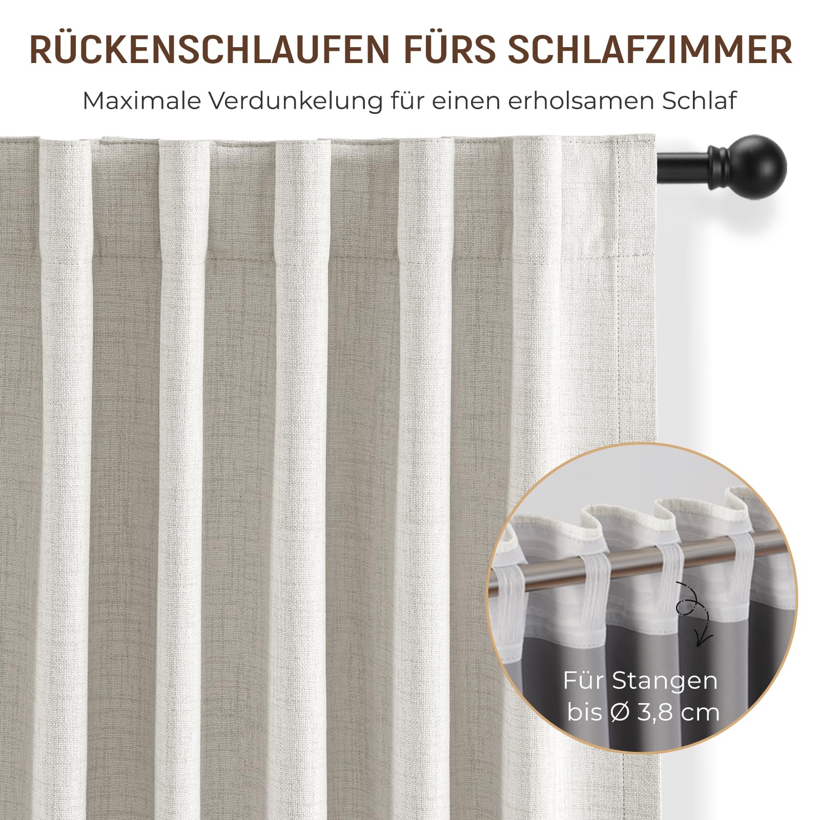 100% Verdunkelungsvorhang 2er Set H245xB140cm Beige | Leinenoptik, Thermo, 4 Aufhängearten, Für Stangen & Schienen, Lärmschutz, Schlaf- & Wohnzimmer, Inkl. 20 Clips